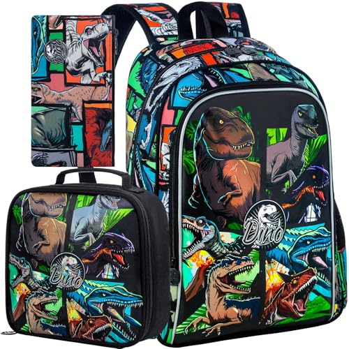 Image of 3PCS Dinosaur Backpack for Boys, 16 Inch Kids Water Resistant Preschool Elementary Kindergarten Bookbags and Lunch Box | Kids