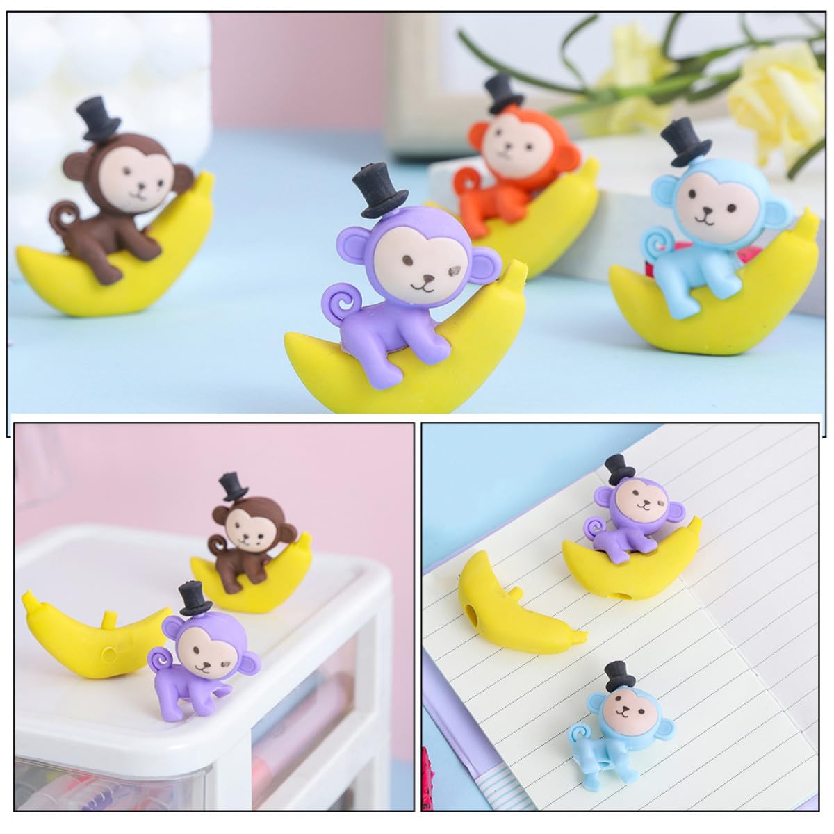 48 Gomme da Cancellare a Forma di Banana Simpatiche Scimmie per Cancelleria Studenti, Materiale Tpr Creativo e Divertente per Uso Scolastico Colore Casuale