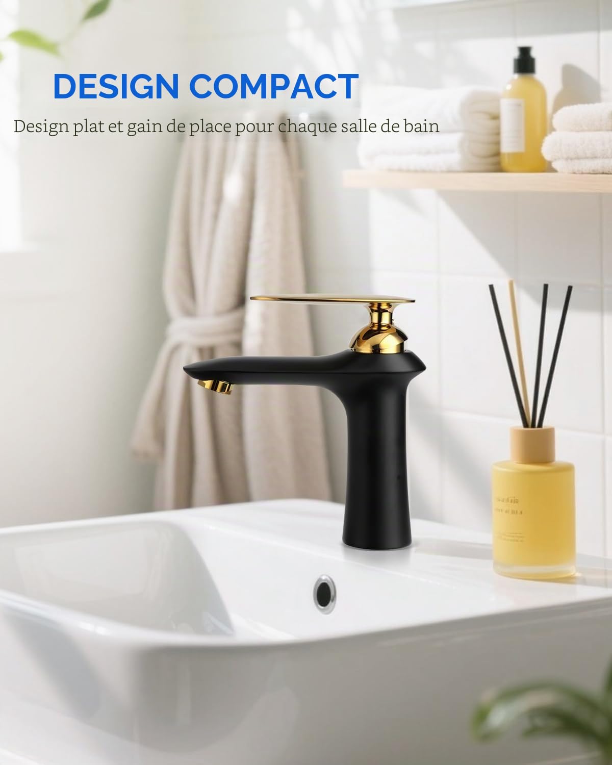 Robinet Salle de Bain Robinet Lavabo,Moderne Design Elégant Mitigeur Lavabo Noir en Laiton Eau Chaude et Froide Disponible