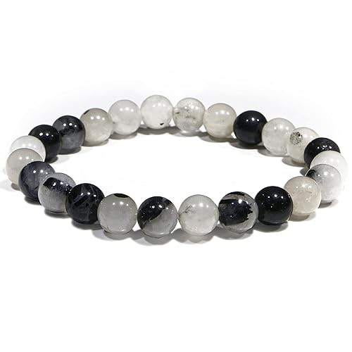 Natural Black Rutail Crystal Bead Bracelet Healing Crystal Bracelet for Women and Men 8mm Round Beaded Bracelets for Manifestation Unisex Elastic