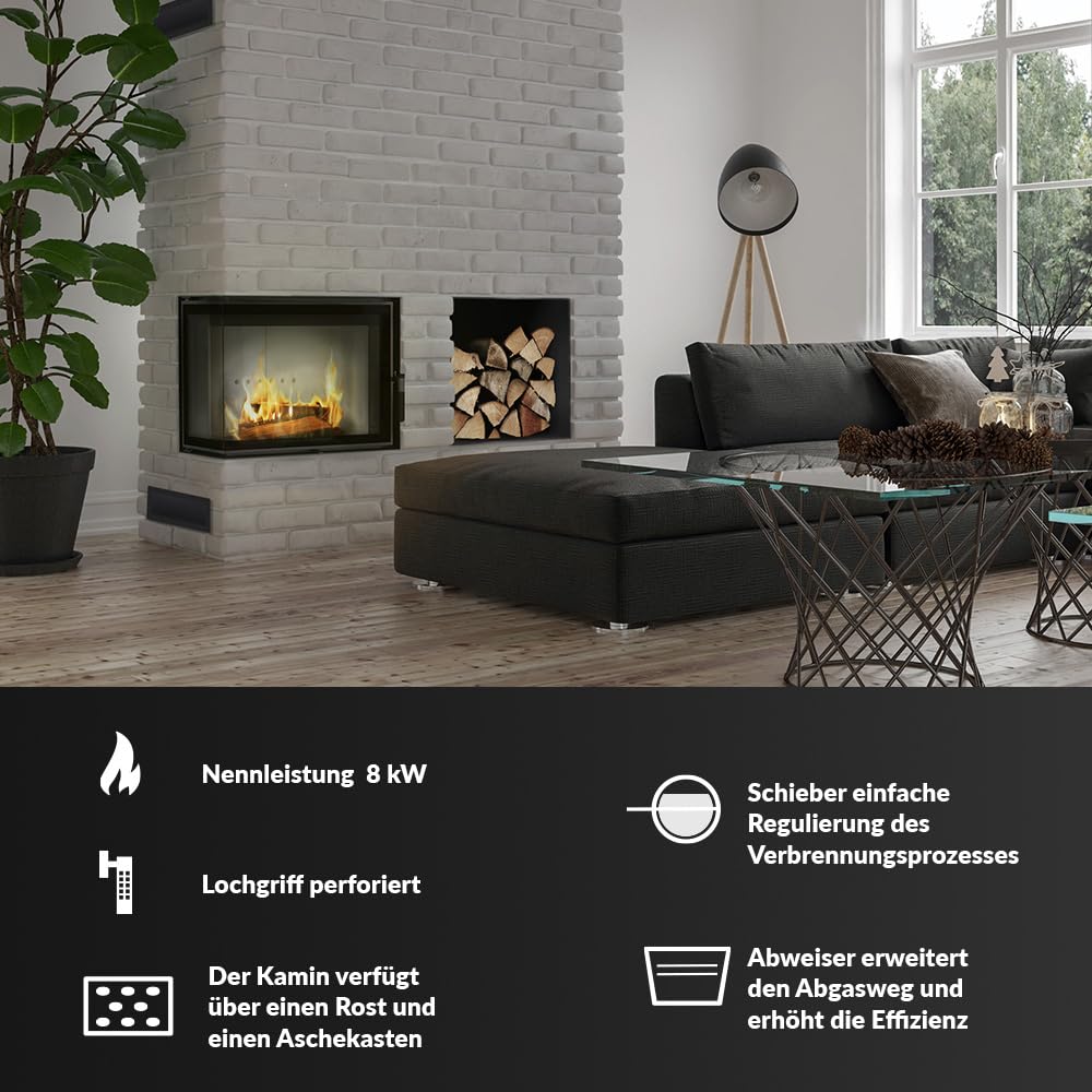 KRATKI Kamineinsatz Simple – 8 kW Holzofen-Einsatz mit seitlicher Verglasung – Türanschlag Links oder rechts – Energieeffizienzklasse A – 70,1 x 60 x 36 cm