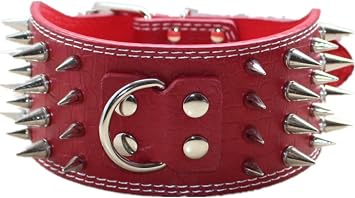 Serijoars 3" Sharp Spiked Studded Leather Dog Collar for Training,Sports,Walking,Medium,Large,X-Large,for Pitbull,Labrador,Boxer M, Red