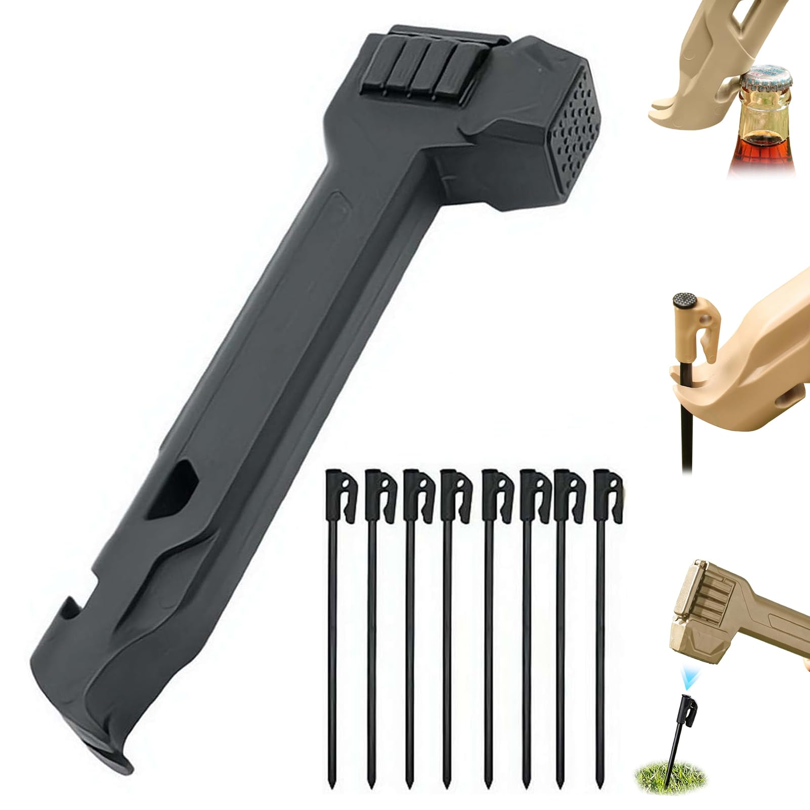 Camping Hammer with 8 Pegs, Lightweight Camping Hammer with Stake Puller & Bottle Opener, Heavy Duty Tent Stakes and Hammer for Outdoor Hiking Camping