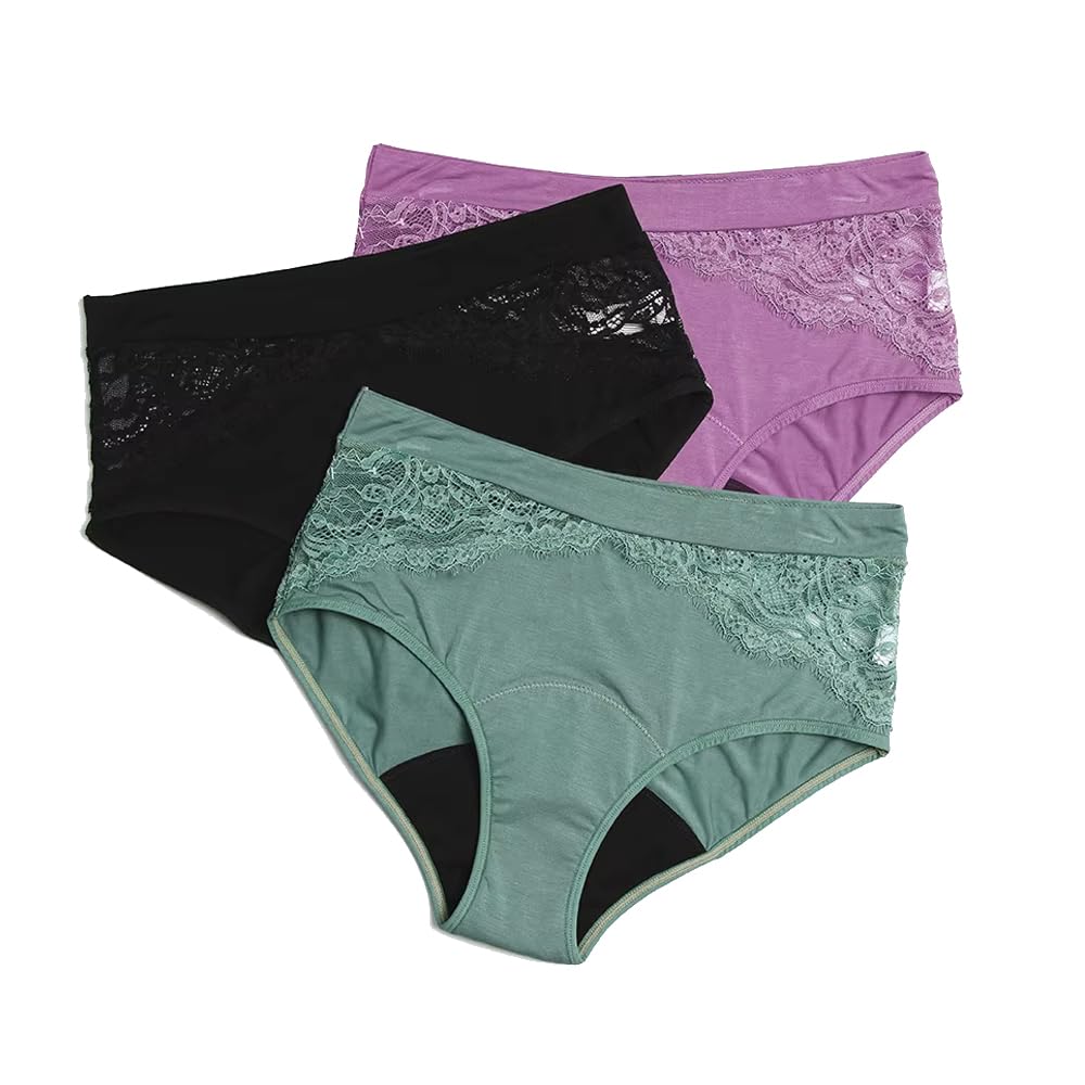 Culotte Menstruelle en Coton pour Flux Abondant pour Adolescentes Culotte Confortable Post-Partum Sous-Vêtements de Sport Protecteurs Slips Respirants 3 Pièces Vert/Noir/Violet S