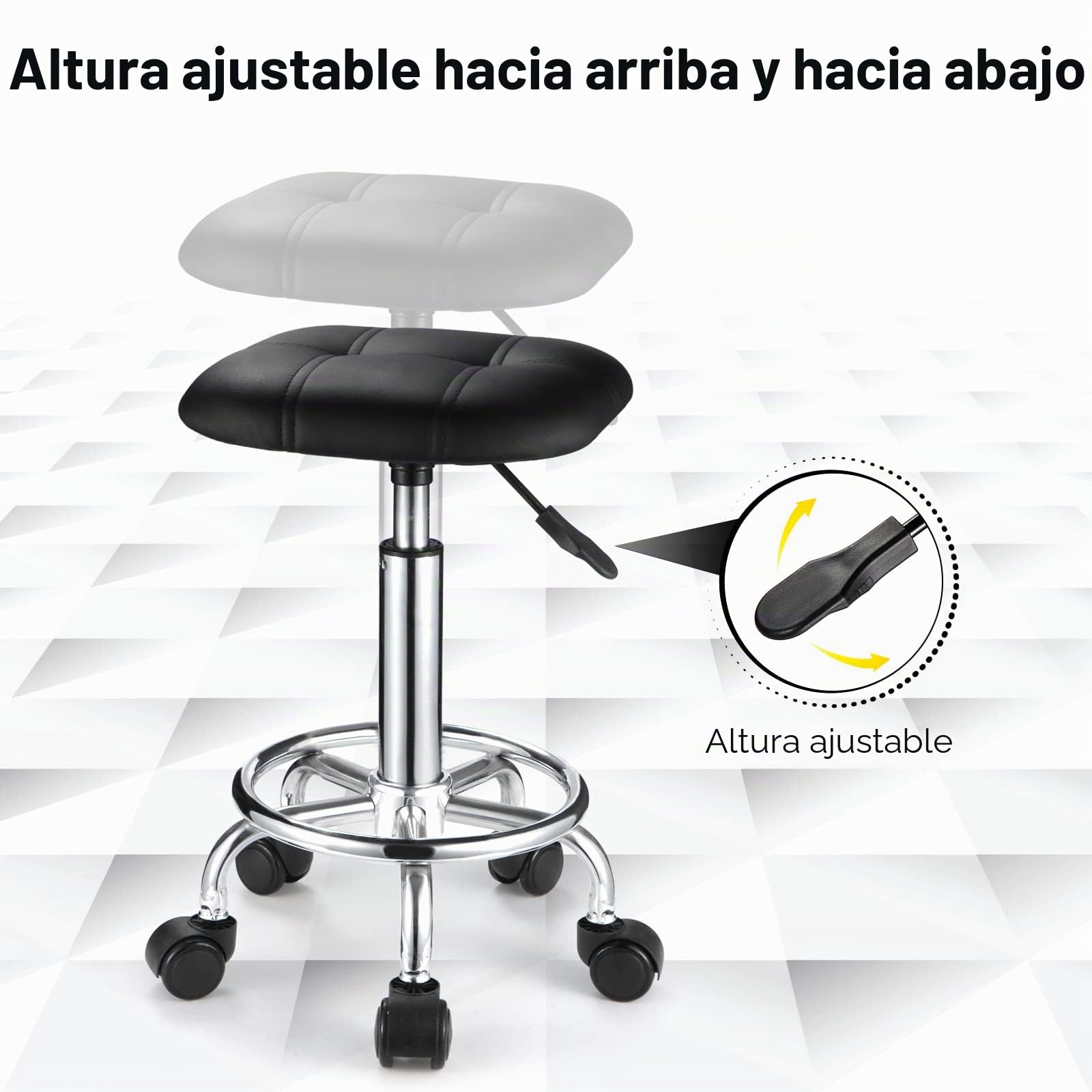 Taburete Cuadrado de Poliuretano con Ruedas, Altura Ajustable, Silla de Oficina, Color Negro