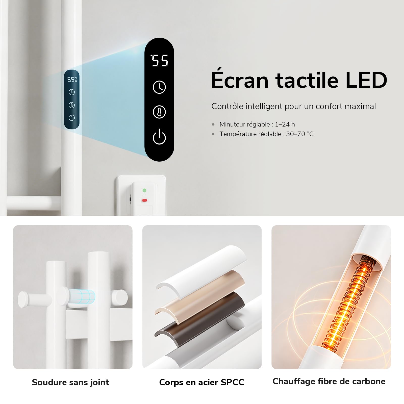 Heilmetz 1200x124mm Sèche Serviette Électrique WiFi Blanc, Seche Serviette Electrique Salle de Bain Vertical 2 Barres avec Crochets, Contrôle APP, Minuterie & Thermostat, 145W