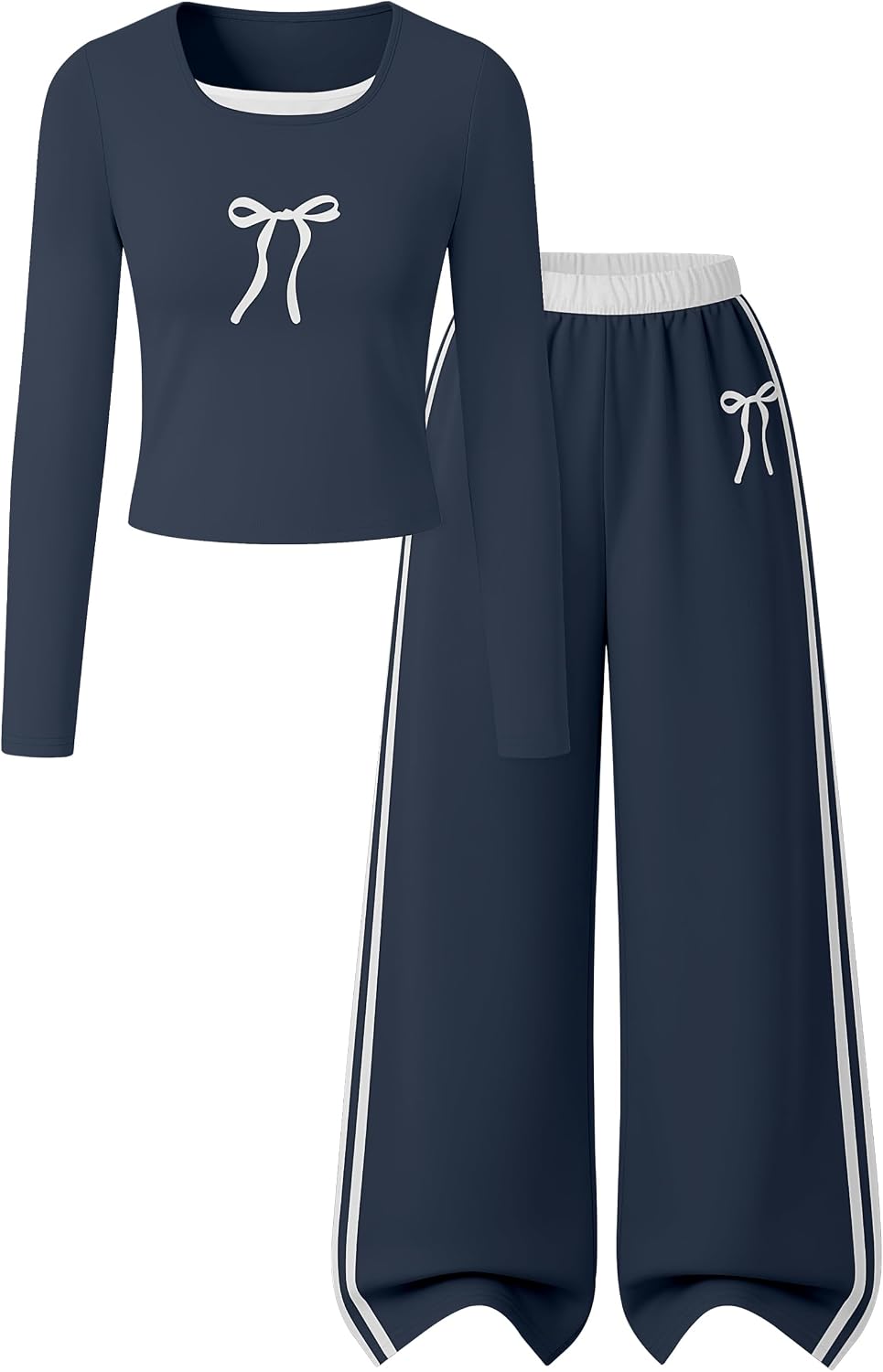 Gaupafmb Girls Clothes Set Bow Long Sleeve Top and Wide Leg Pants for 7-14Y