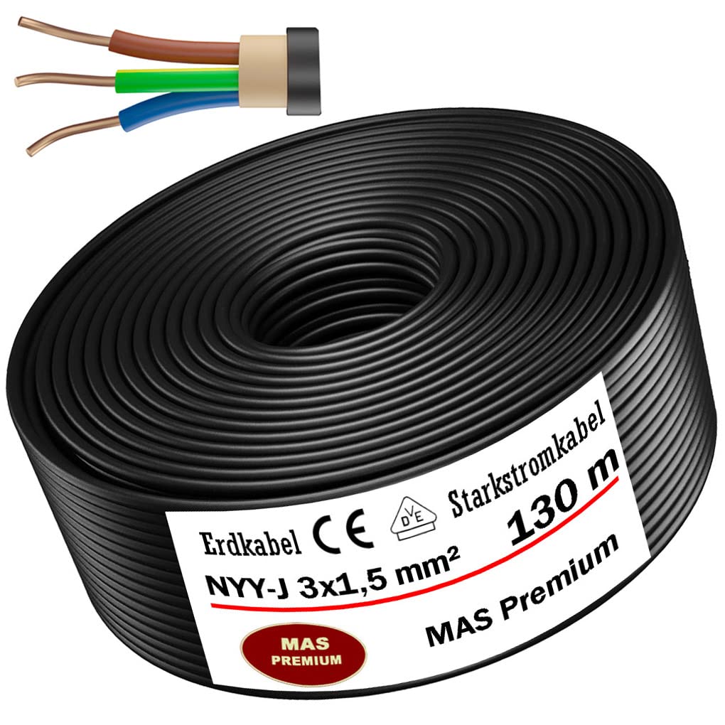 Cable de alimentación subterráneo, de 5 m hasta 170 m, NYY-J (cable con aislamiento y cubierta termoplásticos) 3 x 1,5 mm², cable eléctrico, anillo para instalación al aire libre (130 m)