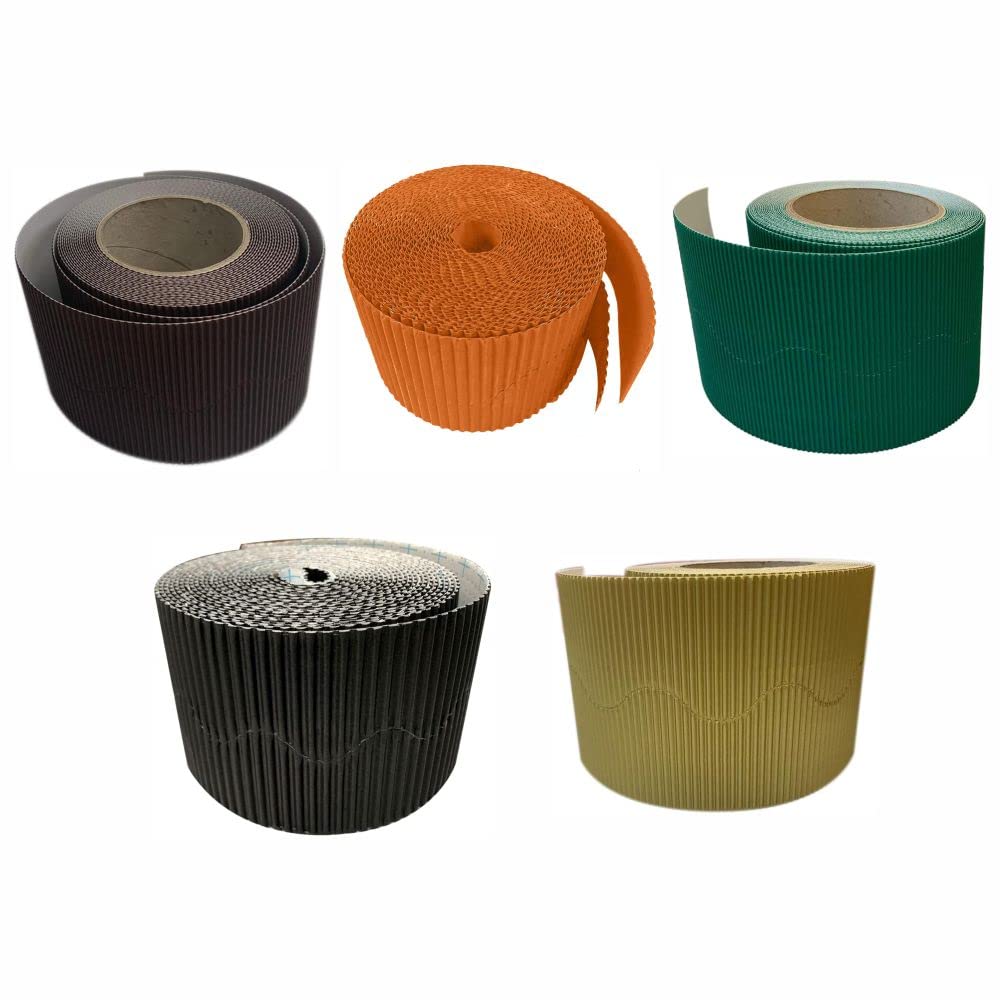 3 Ace Crafts (Pack of 5) Corrugated Display Border Roll (Chocolate Brown, Orange, Emerald Green, Black, Gold)- (57mm x 15m)- Office/School, Class Decoration, Crown Arts, Scalloped Edge Roll