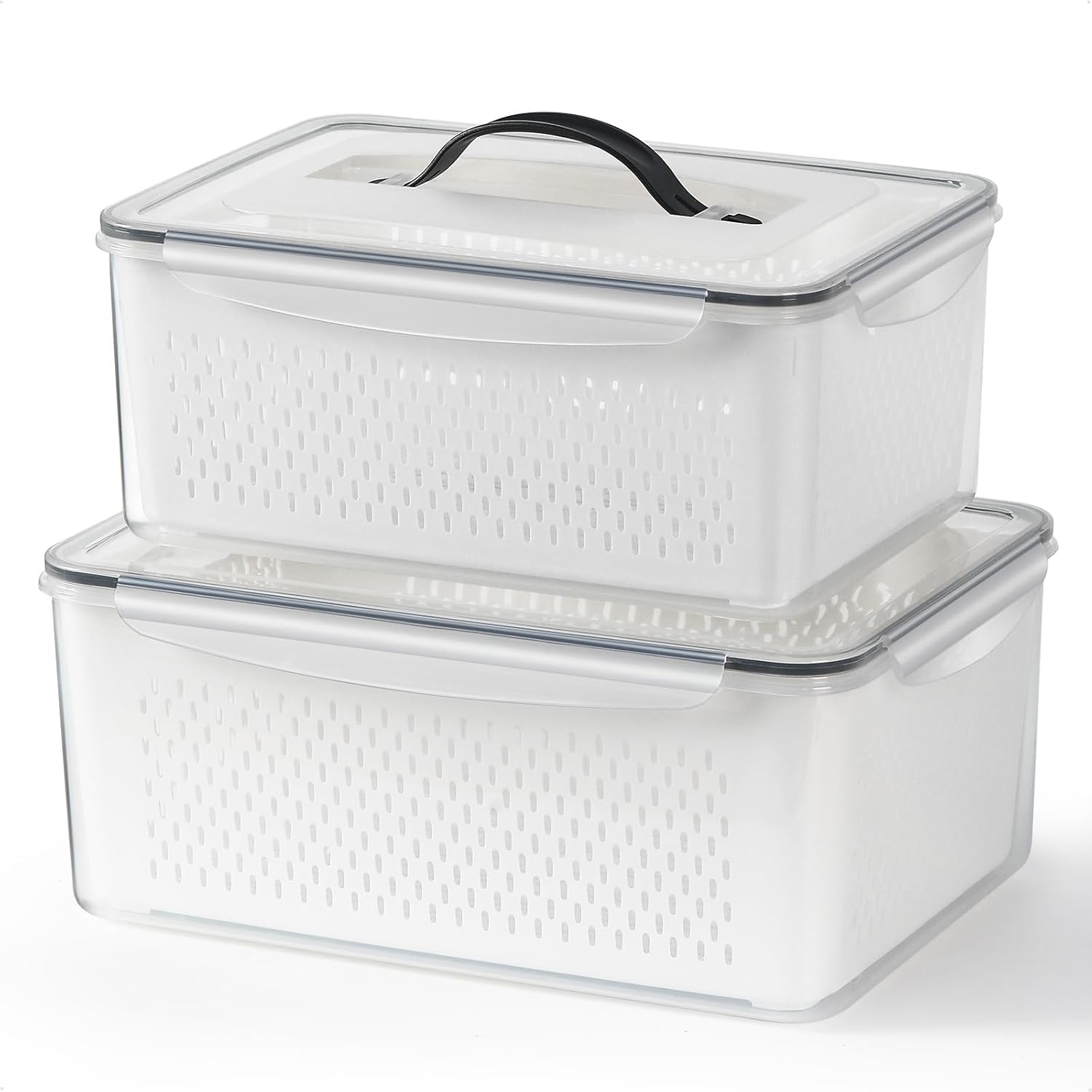 Large Produce Saver with Colander and Handle, 2PACK Vegetable Storage Keeper Airtight Leakproof Keep Fresh Longer Lettuce Containers BPA-FREE Big Size Veggies Banana Fruit Preserver Box Bin Strainer 14 Cup+22.6 Cup, Set of 2