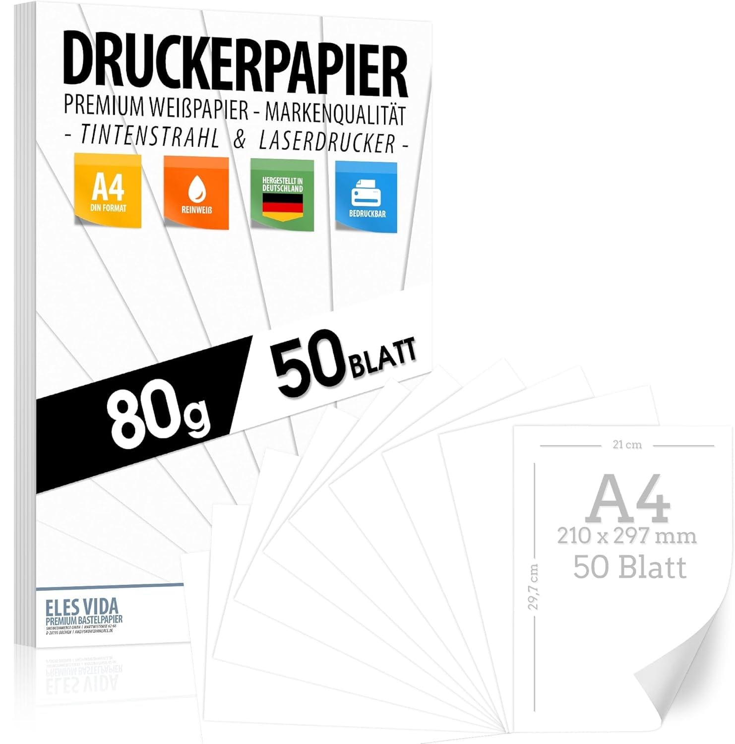 Druckerpapier A4 80g weiß – 50 Blatt - PREMIUM PAPIER Reinweiß - DIN A4-21 x 29,7 cm - Kopierpapier, Laserdrucker & Tintenstrahl für Uni, Fotografie, Präsentationen Ideal für Büro & Office - 50 BLATT