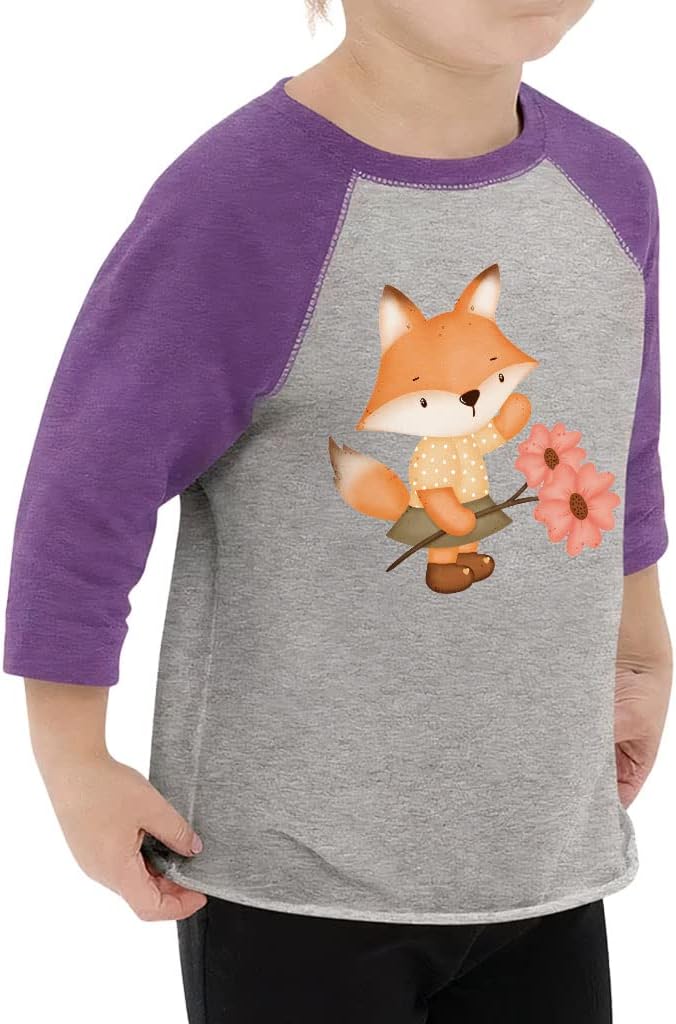 Fox Print Toddler Baseball T-Shirt - Cartoon Design 3/4 Sleeve T-Shirt - Cute Kids' Baseball Tee