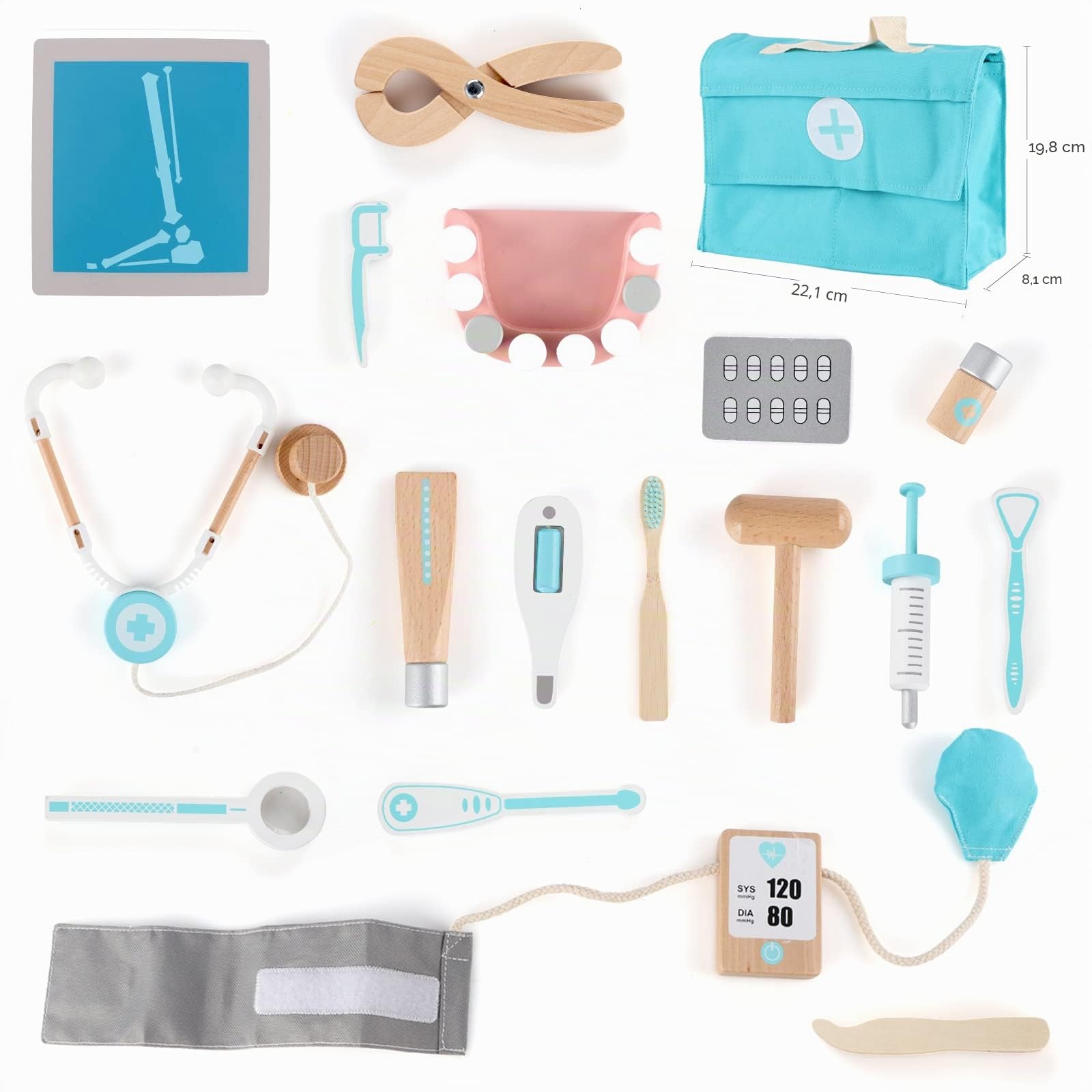 Jacootoys Juego de médicos de Madera 18 Piezas Estuche de Transporte Dentista Los simulan Roles Juguetes médicos para niños Niños Niñas 3 +