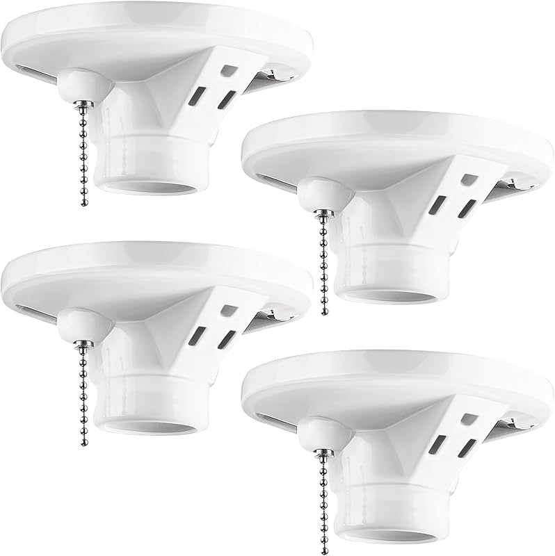 4 Pack Porcelain Light Socket with Outlet and Pull Chain | White Light Fixture, Grounded Receptacle, Ceiling Box Mount, E27/e26 Base, Bulb Socket for Indoor Garage Closet Lighting