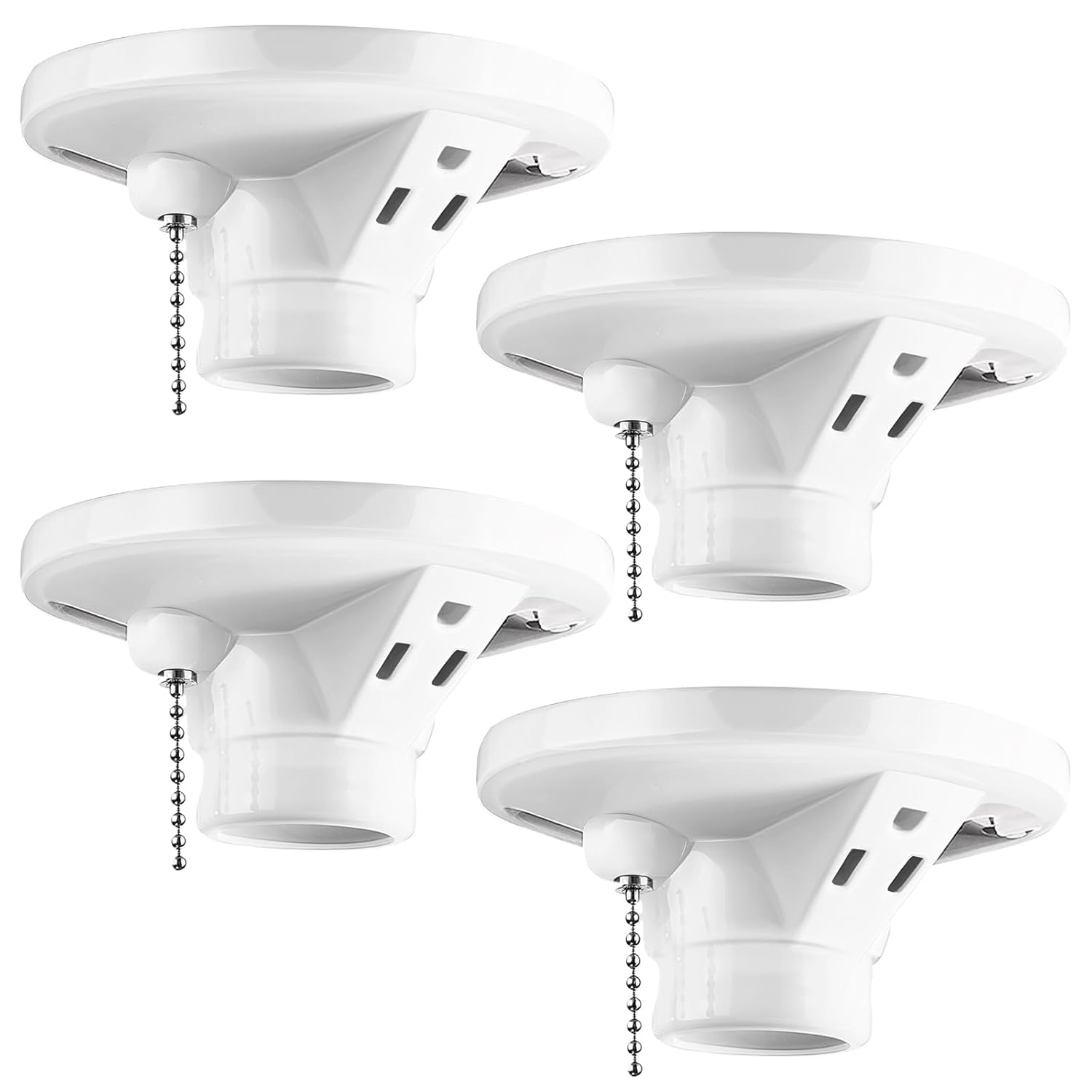 4 Pack Porcelain Light Socket with Outlet and Pull Chain Light Fixture, Bulb Socket with Grounded Outlet, E27/e26 Base, Porcelain Box Mount for Indoor Garage Closet Lighting