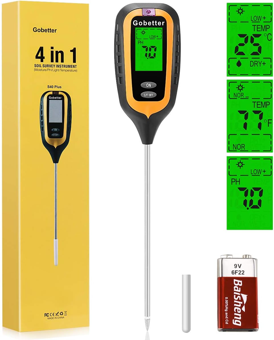 4 in 1 Soil Moisture Meter, Gobetter Soil pH Meter, Test Kit for Plant Hygrometer/pH/Light/Temperature (Battery Included) (4 in 1)