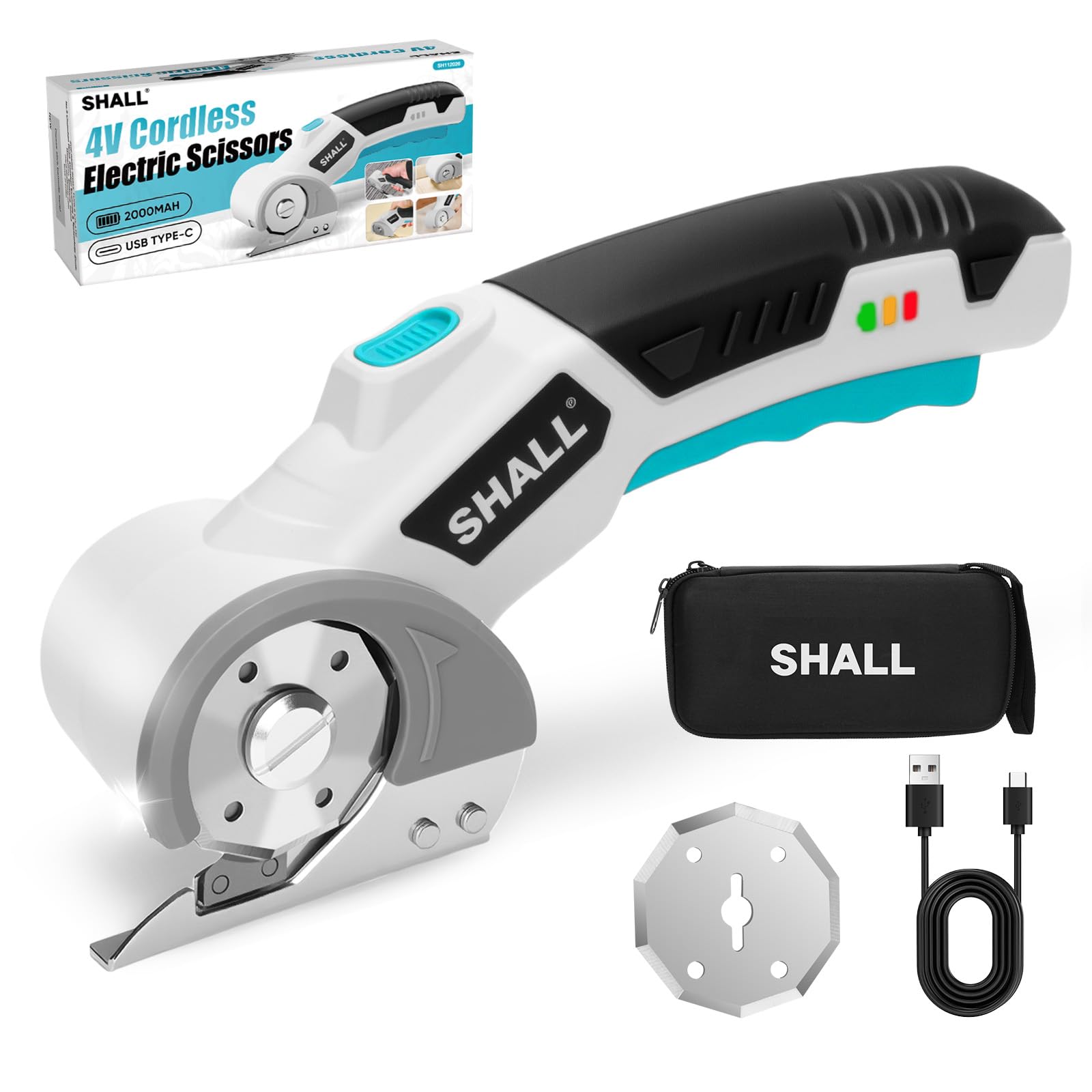 SHALL 4V Cordless Electric Scissors with Safety Lock, LED Light & Replacement Blade – Rechargeable Rotary Cutter for Fabric, Leather, Carpet, Cardboard and Plastic - White & Blue