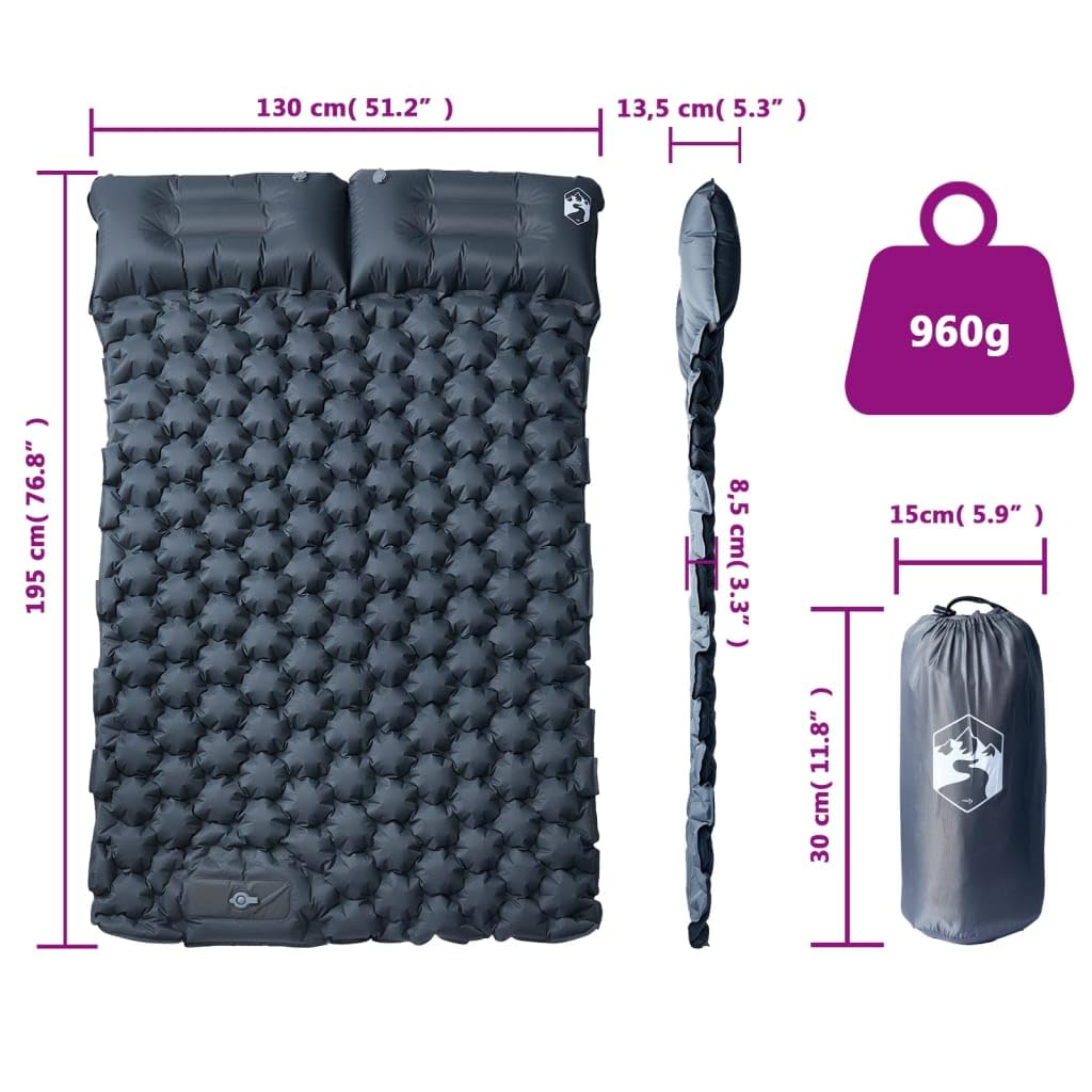 Colchoneta doble autoinflable con cojín, 195 x 130 x 8,5 cm, revestimiento de nailon 40D TPU, impermeable, ultraligera, compacta, ideal para camping, al aire libre, trekking, viajes