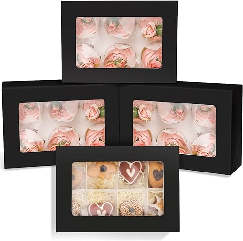 qiqee 6 cajas negras para cupcakes con ventana autoemergentes, 30 paquetes de cajas de cupcakes de 9 x 6.1 x 3.3 pulgadas, cajas de panadería para