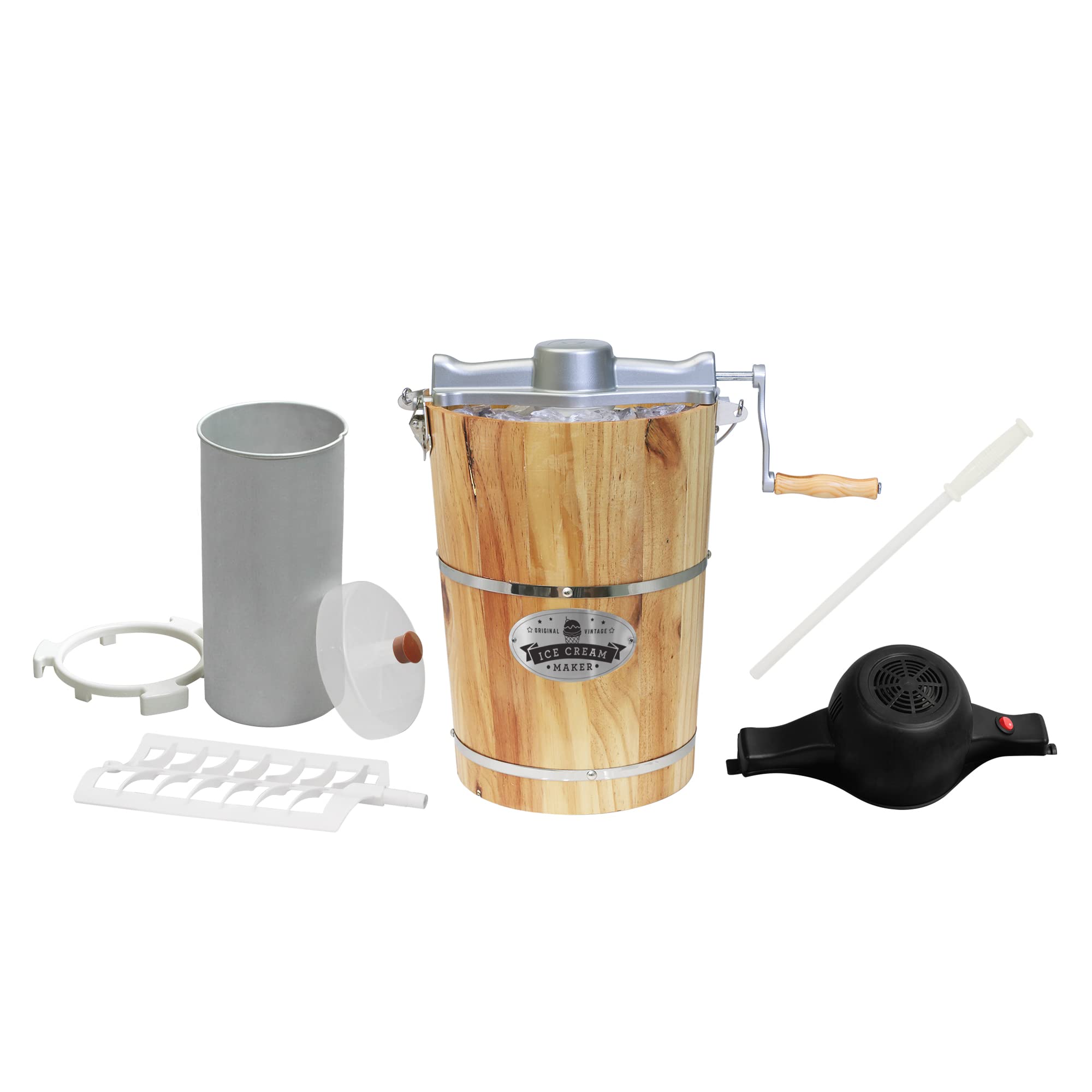 Elite Gourmet EIM916 Sorbetière électrique vintage en bois des Appalaches, 5,7 L, avec manivelle moulée sous pression, préparation de crème glacée avec sel gemme en quelques minutes, pin