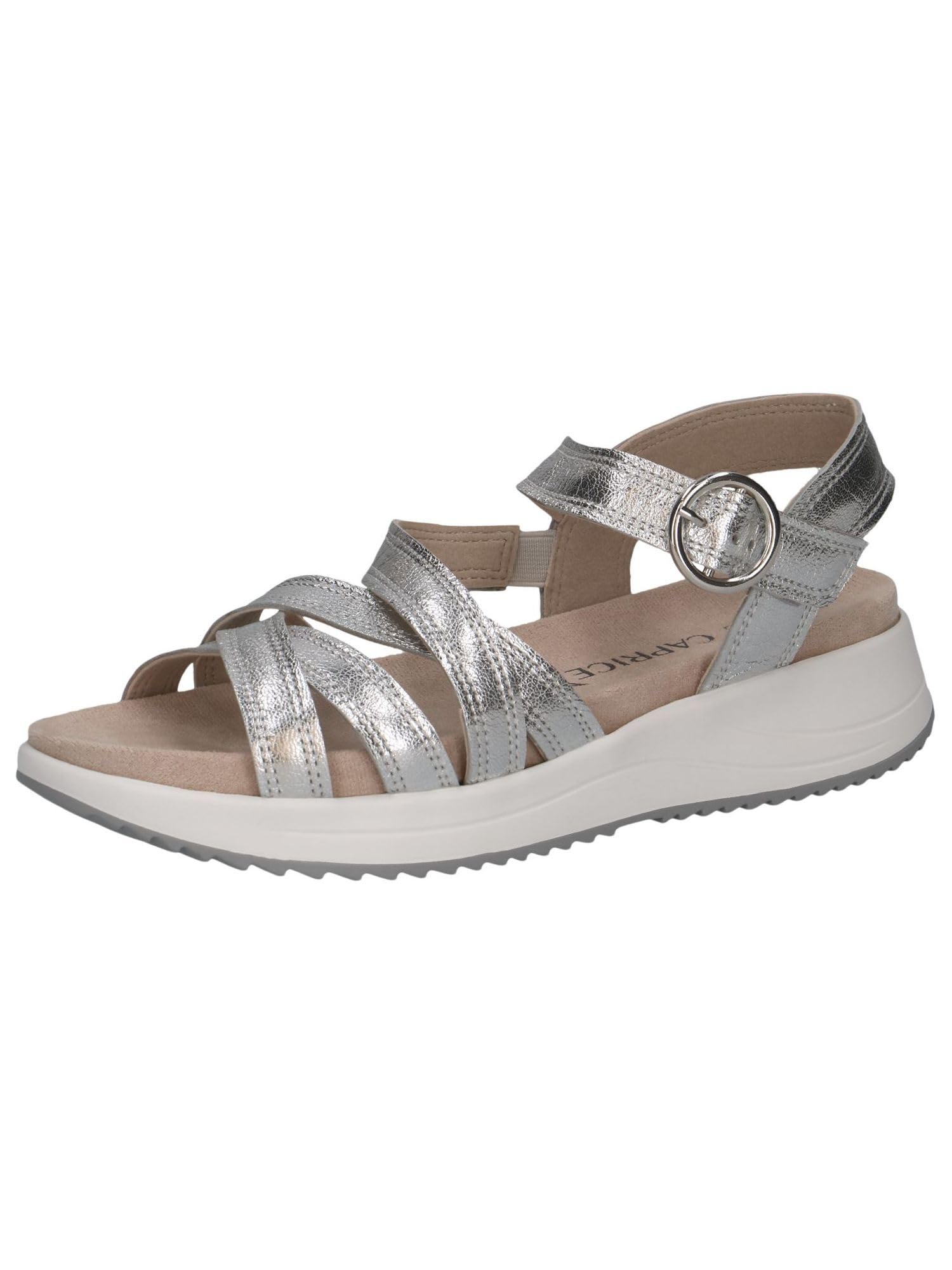 CAPRICE Women Sandals Flat Leather Casual, Silver (Silver Metal.), 6.5 UK