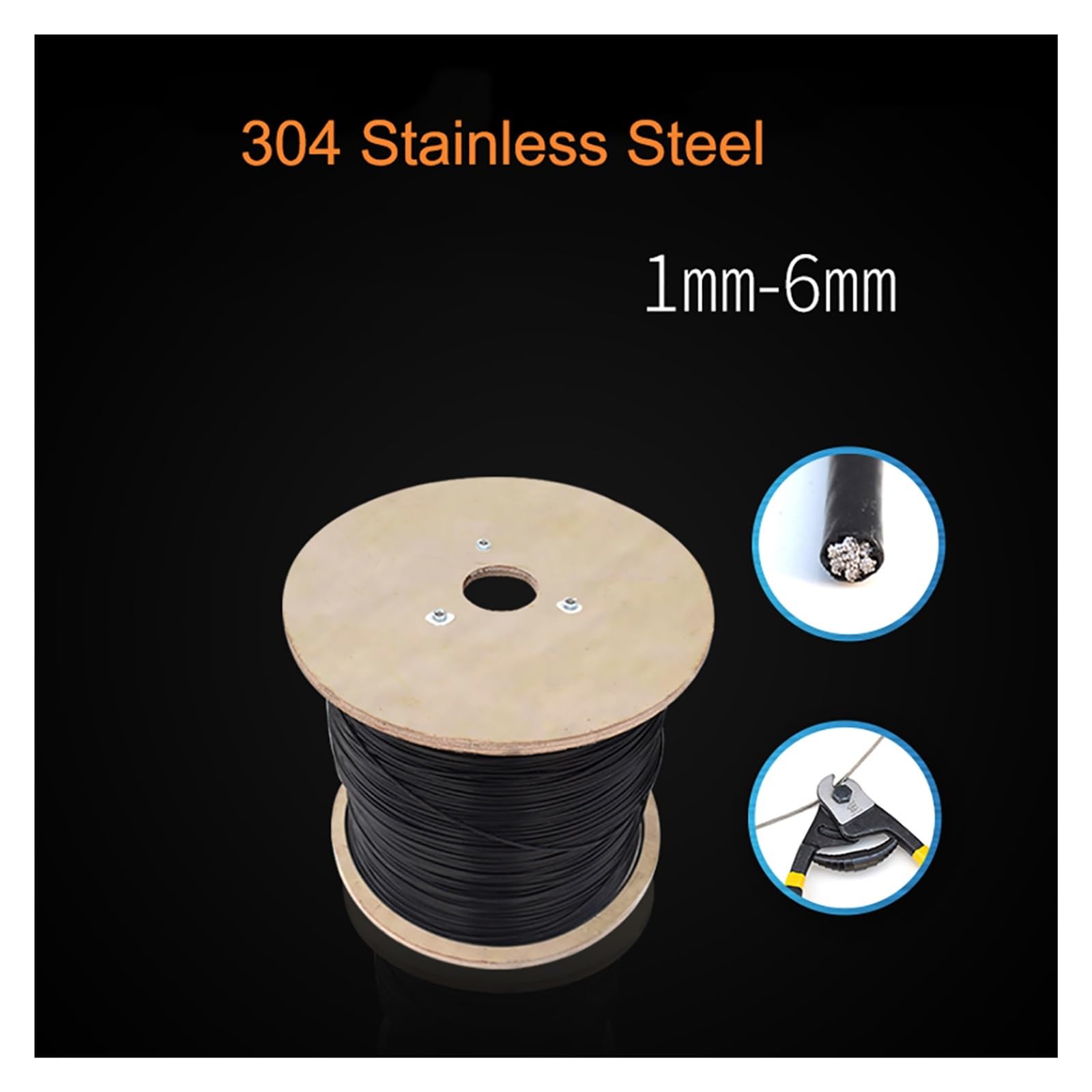 Câble métallique Flexible en Acier Inoxydable 304, 7 x 7/7 x 19, revêtement PVC Noir, 1 mm, 1,2 mm à 6 mm(1.5mm(7x7)-10meter)