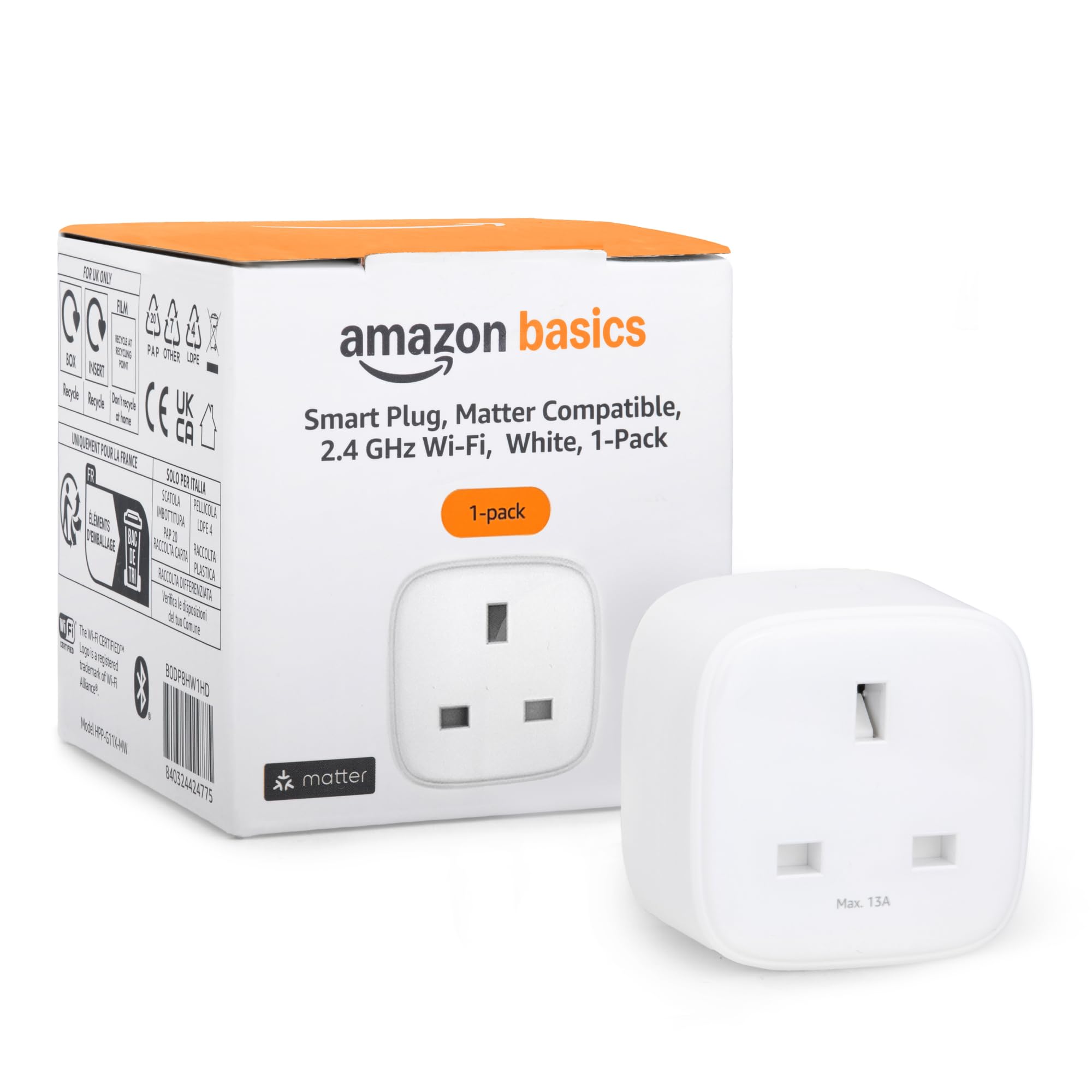 Amazon Basics Smart Plug, Matter Compatible, Compatible with Amazon Alexa, Google Home, Apple HomeKit, Matter Hub Required, 2.4 GHz Wi-Fi only, White, 1-Pack