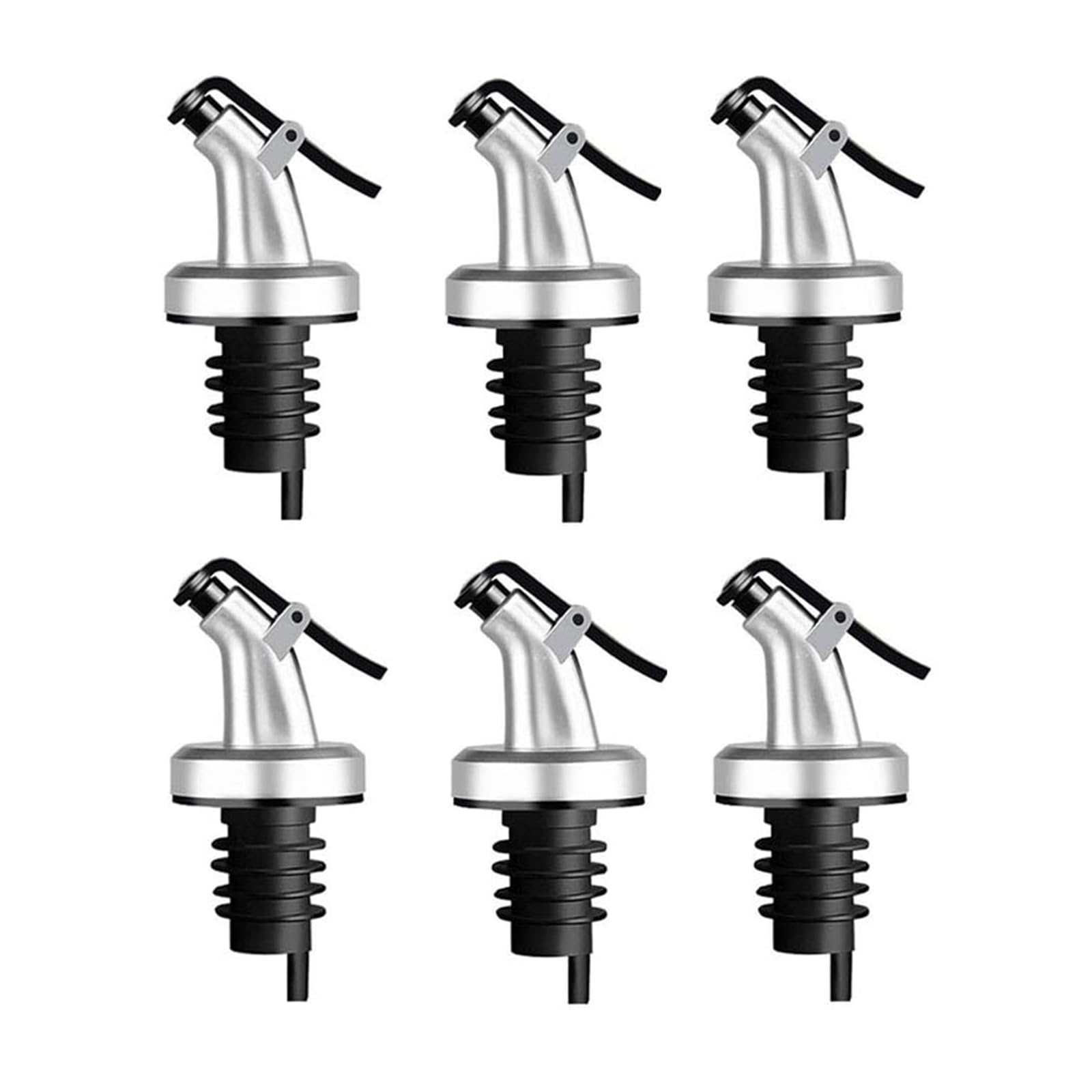 XINXINGDINGSHENG 6 PCS Oil Pourer Spouts, Olive Oil Bottle Stopper Dispenser with Cap,Curved Leakproof Drinks Bottle Pourers for Oil, Vinegar, Soy Sauce, Wine, Spirits Bottle (6Pcs Silver)