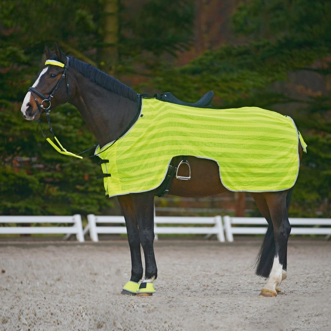 Marengos – Ausreitdecke Reflex – Pferdedecke mit Sattelausschnitt – stark reflektierend & mit Silber-Leuchtstreifen – Outdoordecke für Pferde – Pferde Zubehör in Neongelb – 125cm