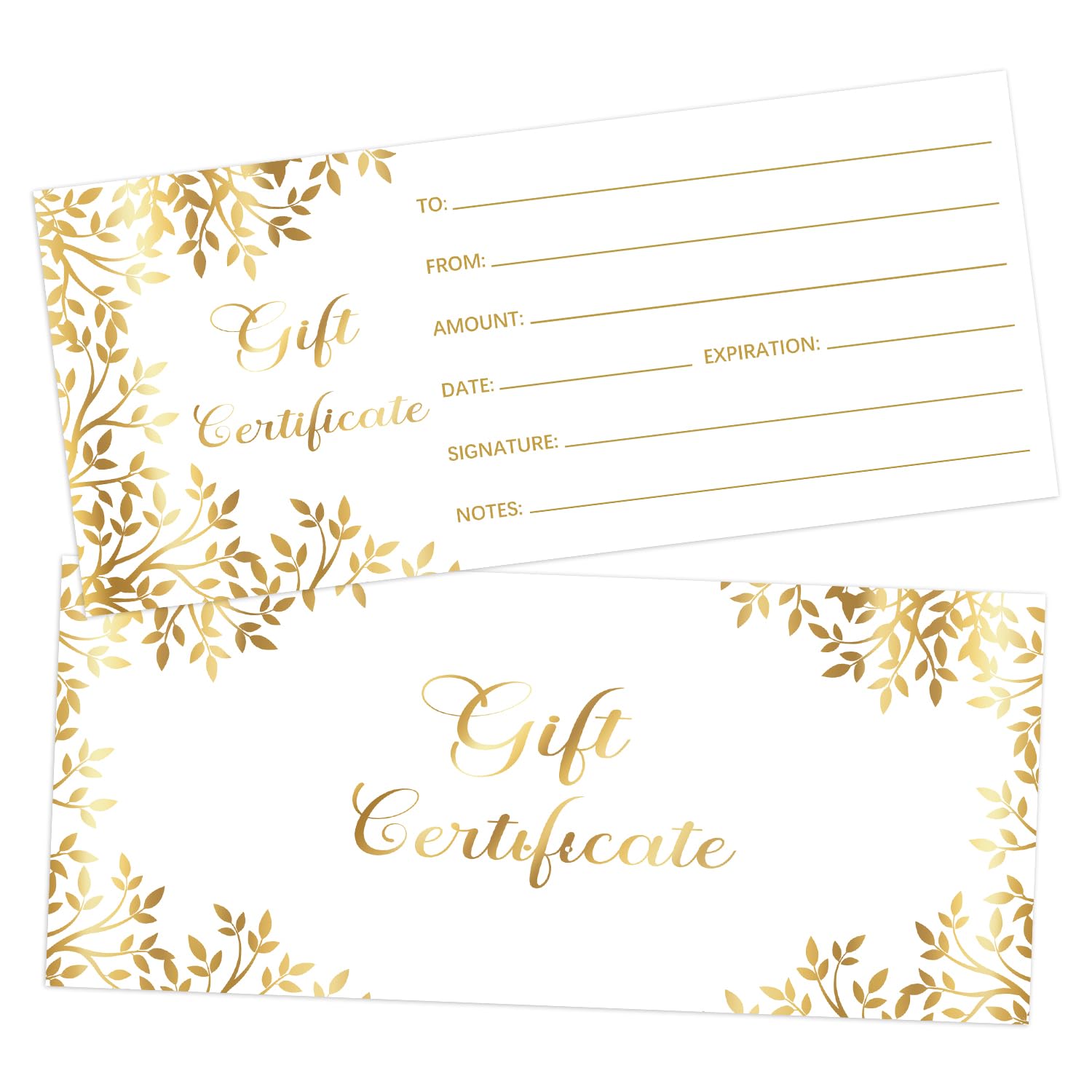 25 Pcs Gold Foil Leaf Gift Certificates for Business,Blank Gift Certificates Double Sided Paper Voucher Cards for Birthday, Spa, Mother’s Day,Work Business Present Card,8 x3.5 Inch-E23