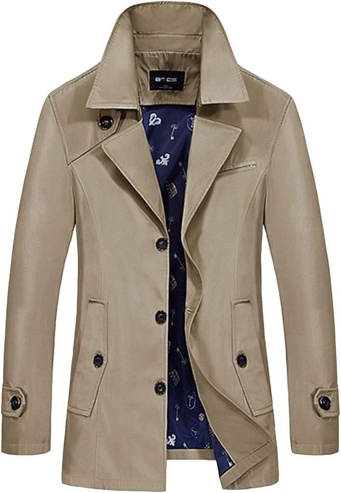 Men's Single Breasted Windbreaker Jacket Classic Elegant Notch Lapel Trench Coat