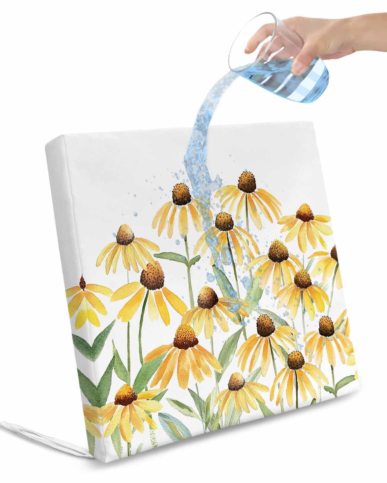 2 Pack Yellow Spring Floral Waterproof Cushion Covers with Ties, Outdoor Patio Chaise Lounge Chair Seat Cushion Slip Covers Replacement(Only Cover) Watercolor Elegant Botanical 22