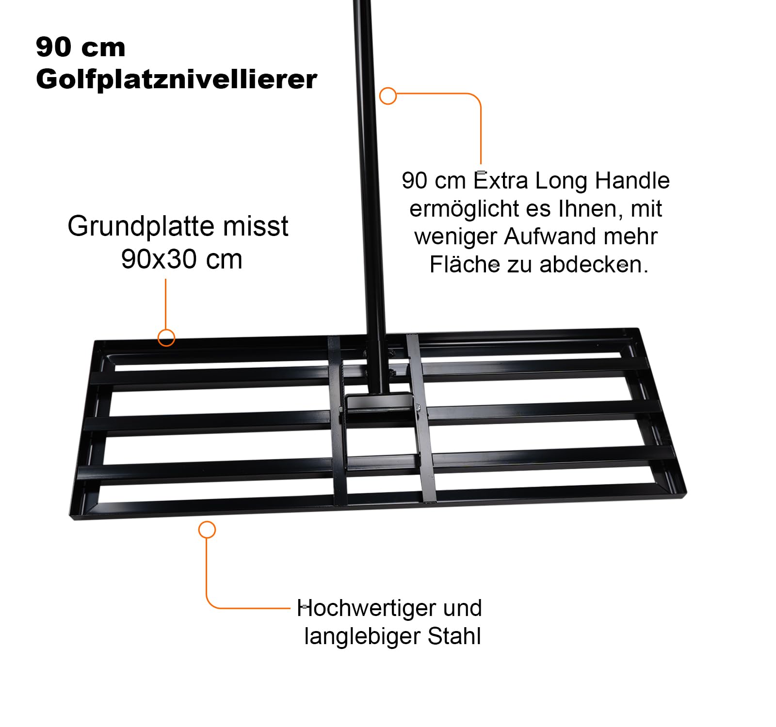 Rasenrakel 90 x 30 cm, Rasenrechen mit 190 cm Edelstahlstiel, Rasennivellierer zum Sanden und Einebnen von Rasen, Nivellierrechen für Garten und Golfplatz
