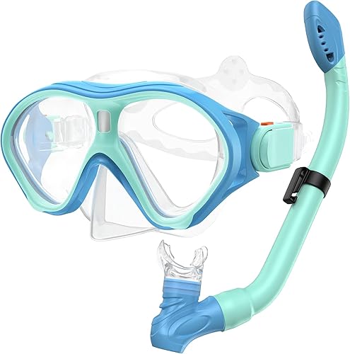 Miniatura 11 de Gintenco Equipo de esnórquel para niños, juego de esnórquel para niños de 6 a 14 años, gafas de natación de vidrio templado antivaho antifugas,