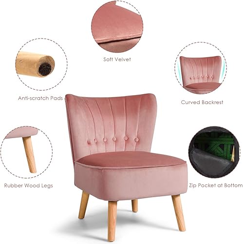 Miniatura 6 de Giantex Modern Velvet Accent Chair, Small Upholstered Leisure Sofa Chair w/Wood Legs, Thickly Padded and Button Tufted, Armless Wingback Club Chairs