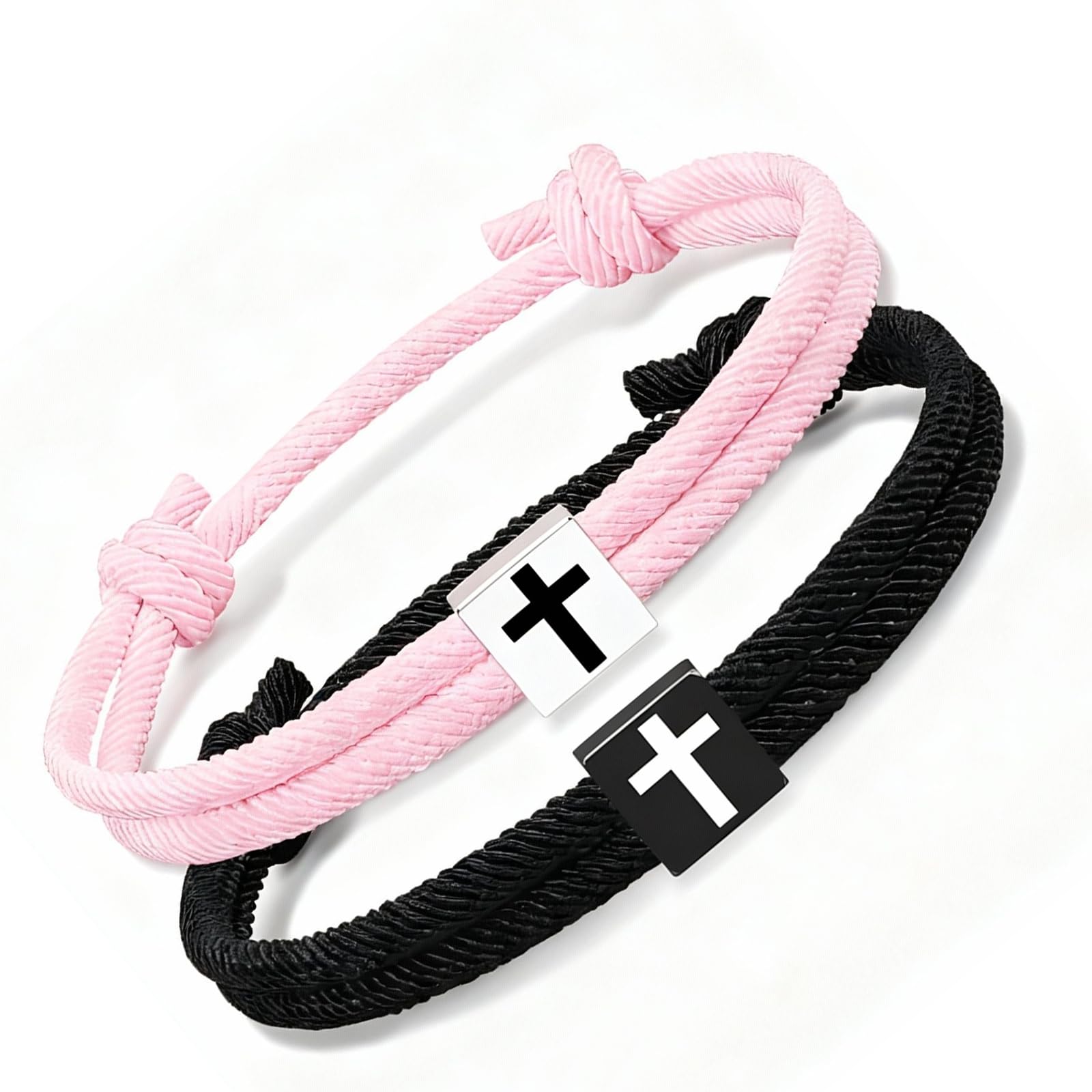 Maxtonser Pack of 2 Braided Rope Bracelets with Crosses Charm Adjustable for Comfortable Wrist Fit Symbol