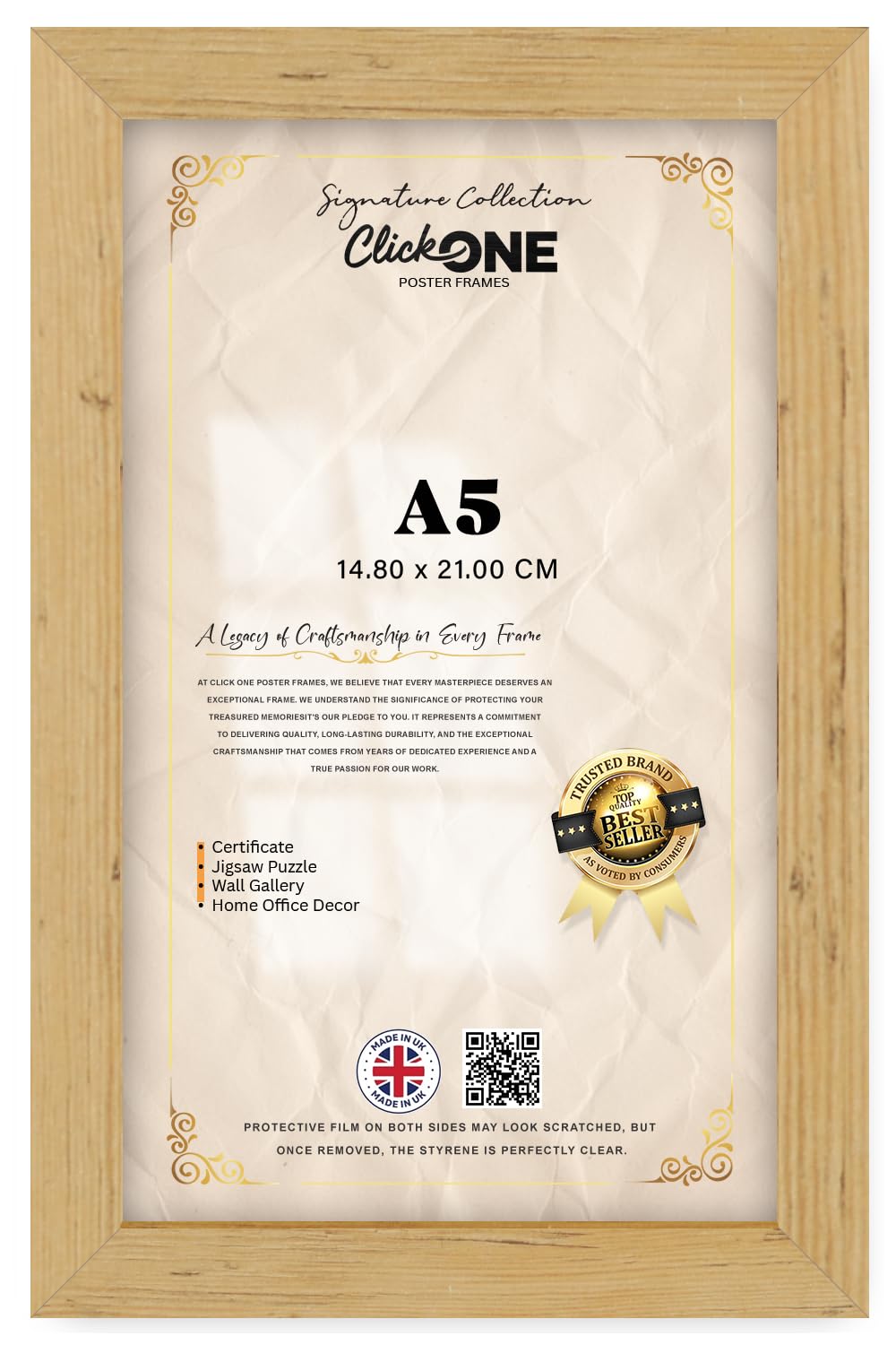 Click One | Rectangle Pine Photo Frame A5 (14.80 X 21.00 CM) Picture Frame, Certificate Display, Wall Mountable, Sturdy Bevel Edge, Slim Profile For Landscape — Anniversary Birthday Wedding