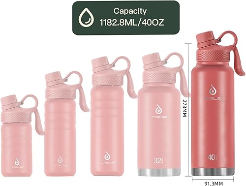 Miniatura 7 de IDEUS Botella de agua aislada de acero inoxidable con 2 tapas a prueba de fugas, termo para senderismo, ciclismo, 40 onzas, rojo