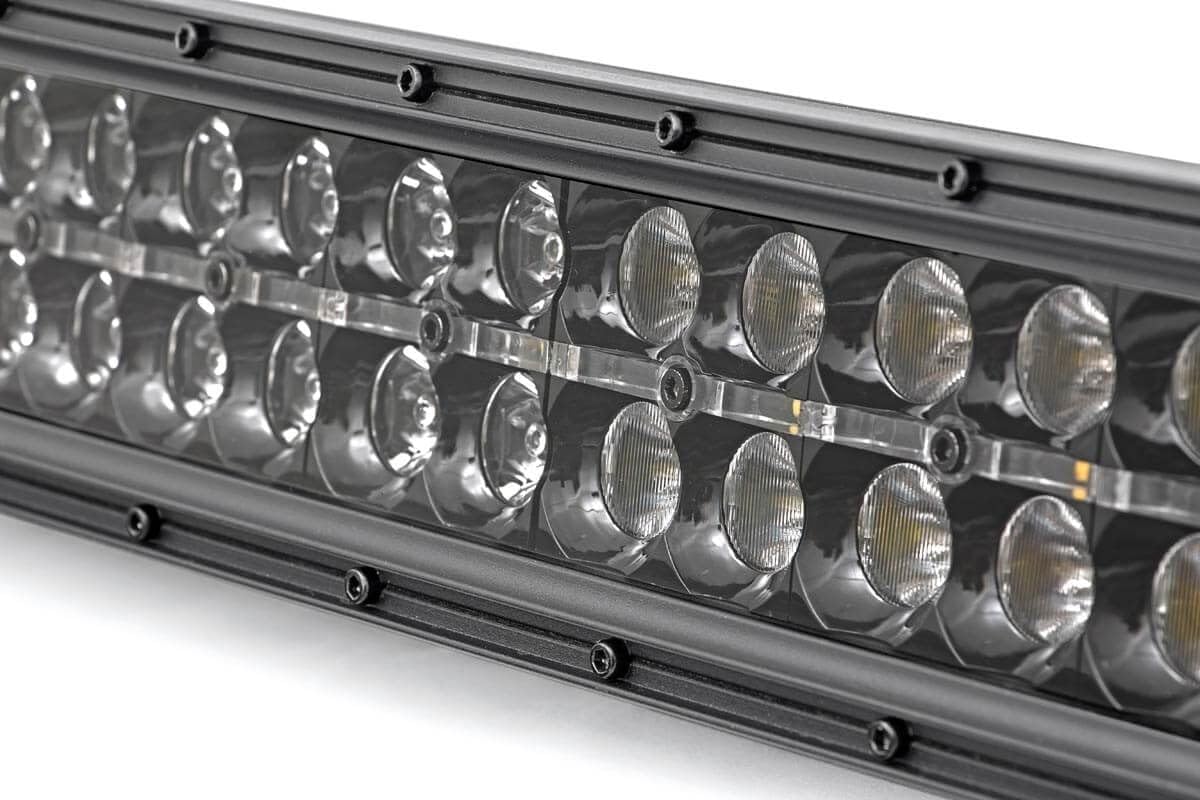 Close-up of the Rough Country 50-inch LED Light Bar with the main LEDs off, highlighting the central DRL strip.