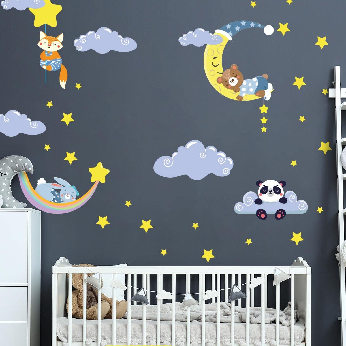 Adesivi murali per bambini, decorazione per la cameretta dei bambini, adesivi da parete scandinavo, adesivi da parete con animali nel cielo e le nuvole, 120 x 180 cm