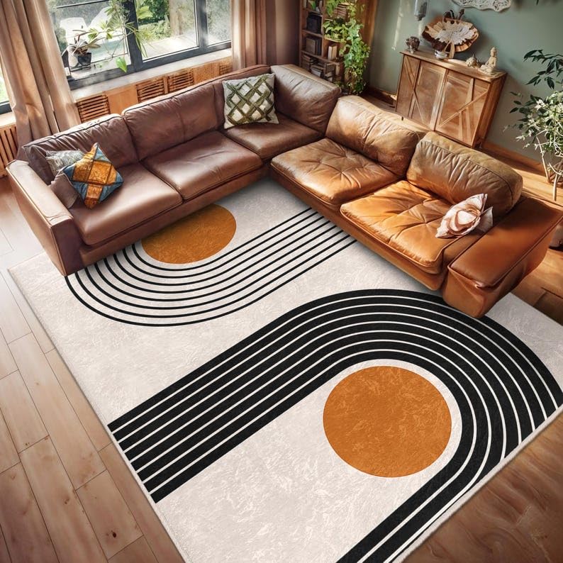 Tapis d'intérieur rétro minimaliste aux lignes circulaires