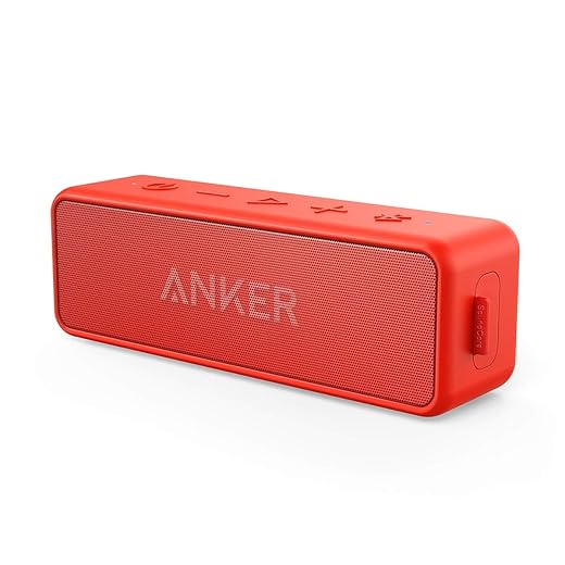 Anker SoundCore 2 Portable Bluetooth Speaker, Wireless, Enhanced Bass, 24-Hour Playtime, 66ft Range, IPX7 Water Resistant, Built-in Mic, Ideal for Travel, Compact and Easy to Use - Red