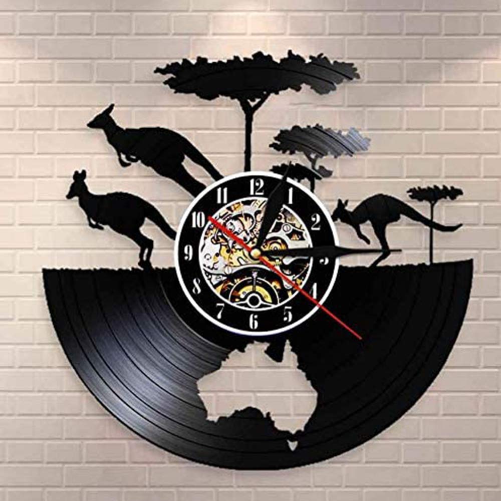 Smotly Black Vinyl Wall Clock, Australia Kangaroo Theme Record Wall Clock, Handmade Art Decoration Home Wall Clock Creative Gifts. (Gift Hook),A