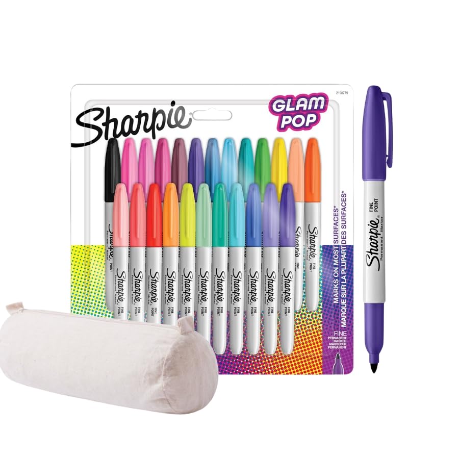 Sharpie Glam Pop - Marcadores permanentes | Punta fina para detalles llamativos | Colores vibrantes surtidos | 24 rotuladores + estuche de algodón