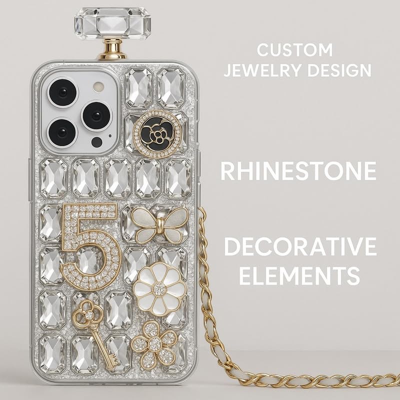 Image of COVERLY for iPhone 15 Cute 3D Diamond Perfume Bottle Phone Case,Full Protective Adorable Jewellery Rhinestone Luxury Crystal Glitter Bling with Crossbody Rope Sling Aesthetic Cover for Apple iPhone 15