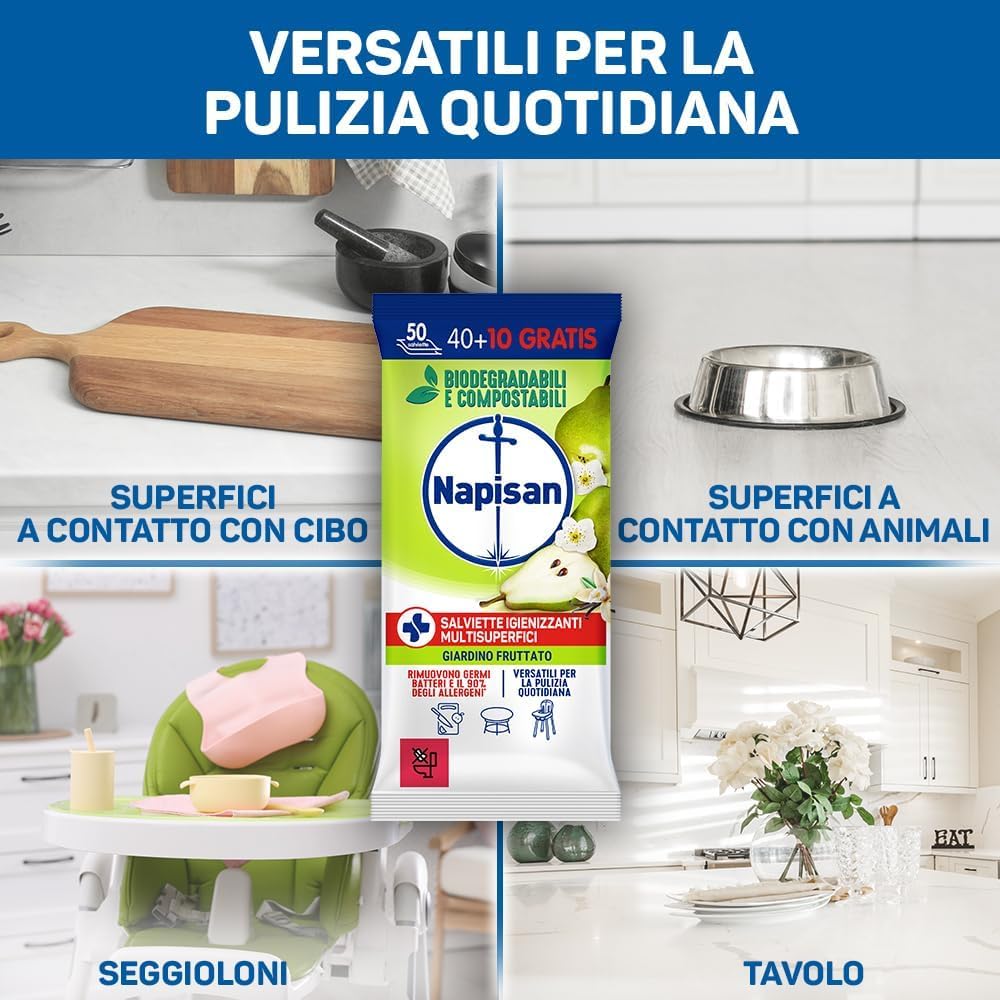 Napisan Salviette Igienizzanti Multisuperfici Fragranza Giardino Fruttato Rimuovono Germi e Batteri Biodegradabili Compostabili Versatili per Pulizia Quotidiana - 6 Confezioni da 50 Salviette