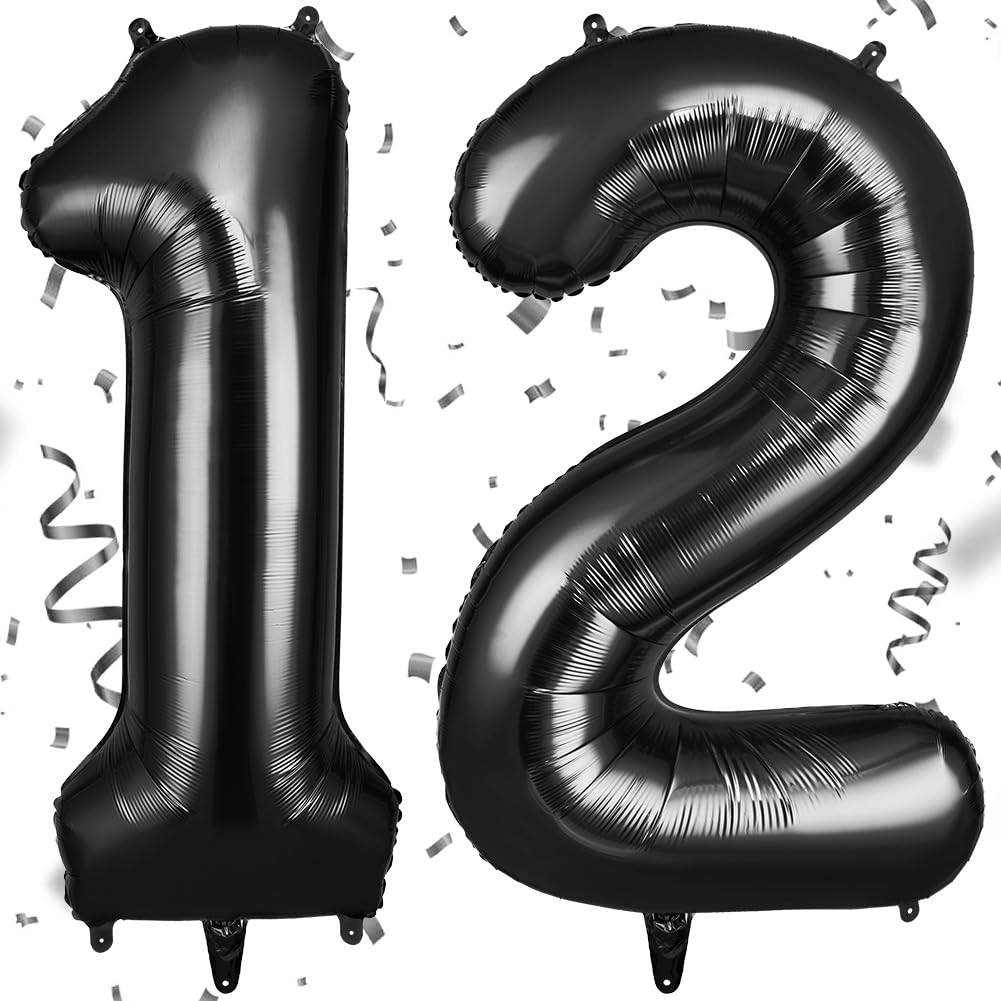 OFFCUP Luftballon Zahlen 12, Schwarz 12 Geburtstag Zahlen Ballon 101cm Groß Folienballon 40 Zoll Helium Ballons zum Mädchen Junge Geburtstag Party Deko Abschluss Jubiläums（12, Schwarz）