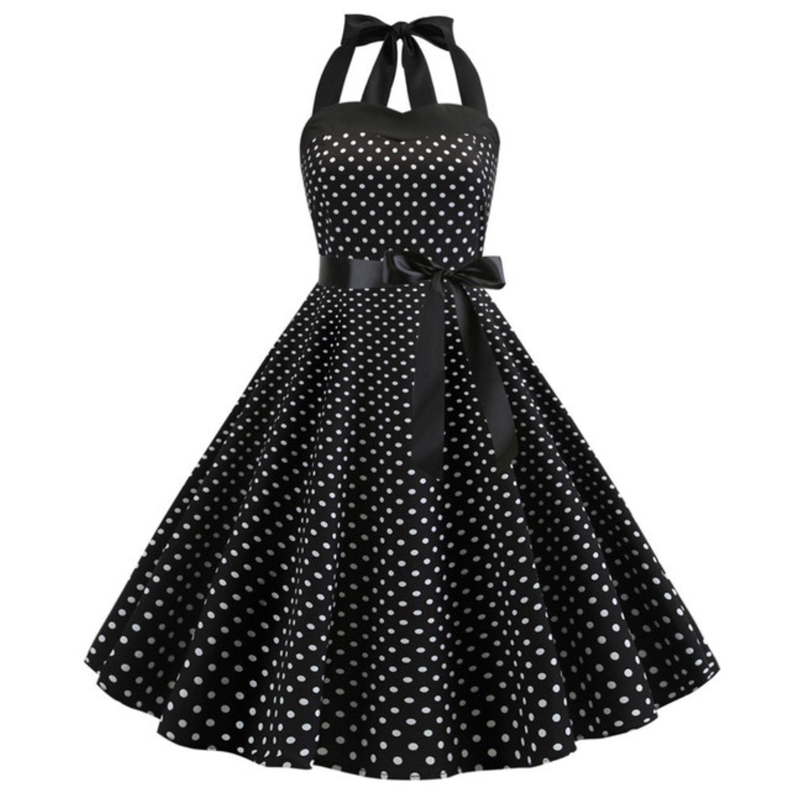 Vestito Vestito Vintage Solido Donne Sexy Polka DOT Print Halter Party Abiti Plus Size-A8,M