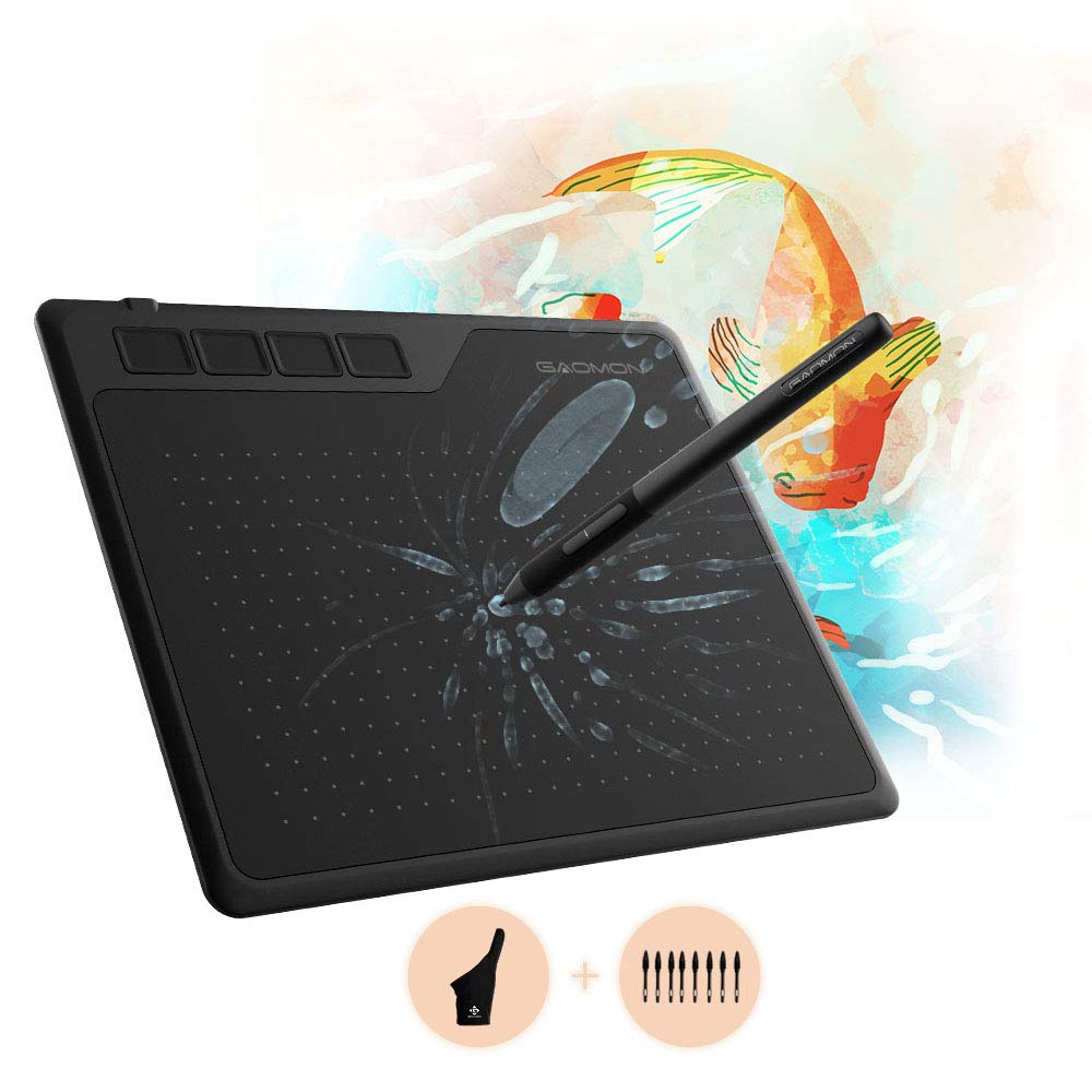 GAOMON S620 - Tablet con penna da 16,5 x 10,2 cm, 8192 livelli di pressione grafica, con 4 tasti Express e penna senza batterie per disegnare e giocare OSU- con guanti da dito extra e 8 pennini