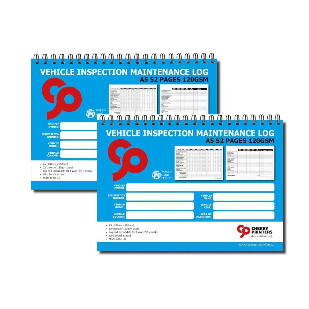 Cherry Printers Vehicle Inspection Maintenance Log Book | A5 Daily Vehicle Check & Fleet Service Record | 52 Week Inspection & Maintenance Log | Wiro Bound | 120gsm | 2 Pack